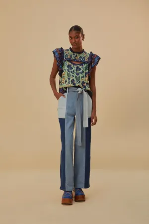 Tie Waist Patch Denim Pants Tear Resistant Design