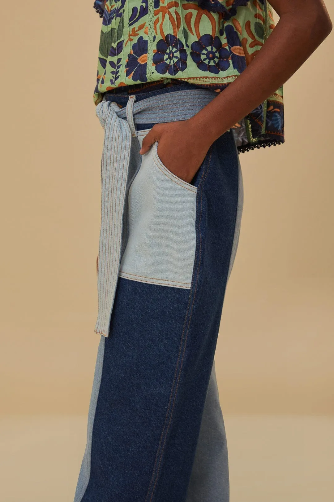 Tie Waist Patch Denim Pants All Purpose TearResistantMaterial