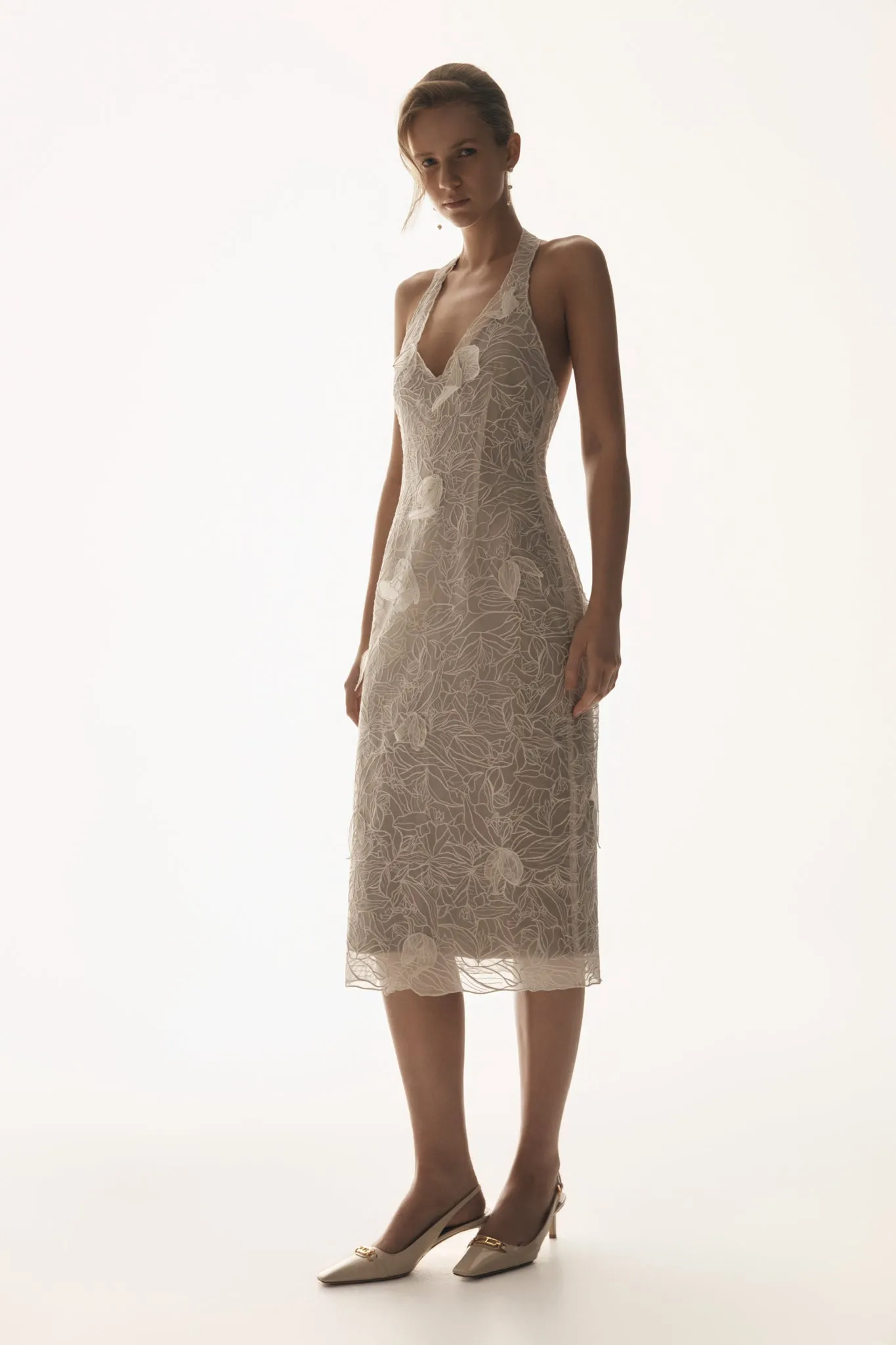 Lenore Silk Lace Halter Midi Dress - Ivory Compact Fit