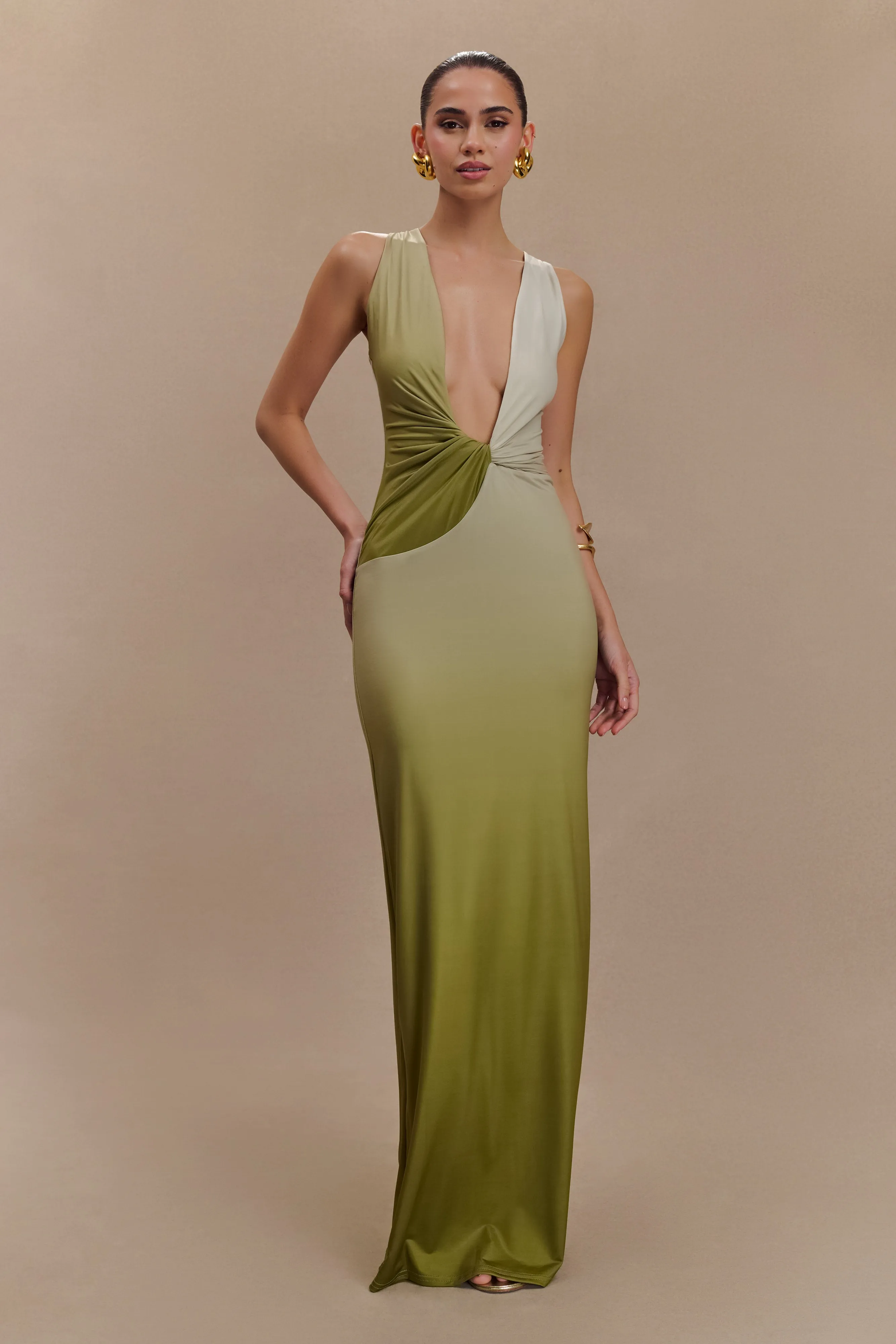 Neutral Base Stella Draped Slinky Maxi Dress - Ombre Vintage Olive