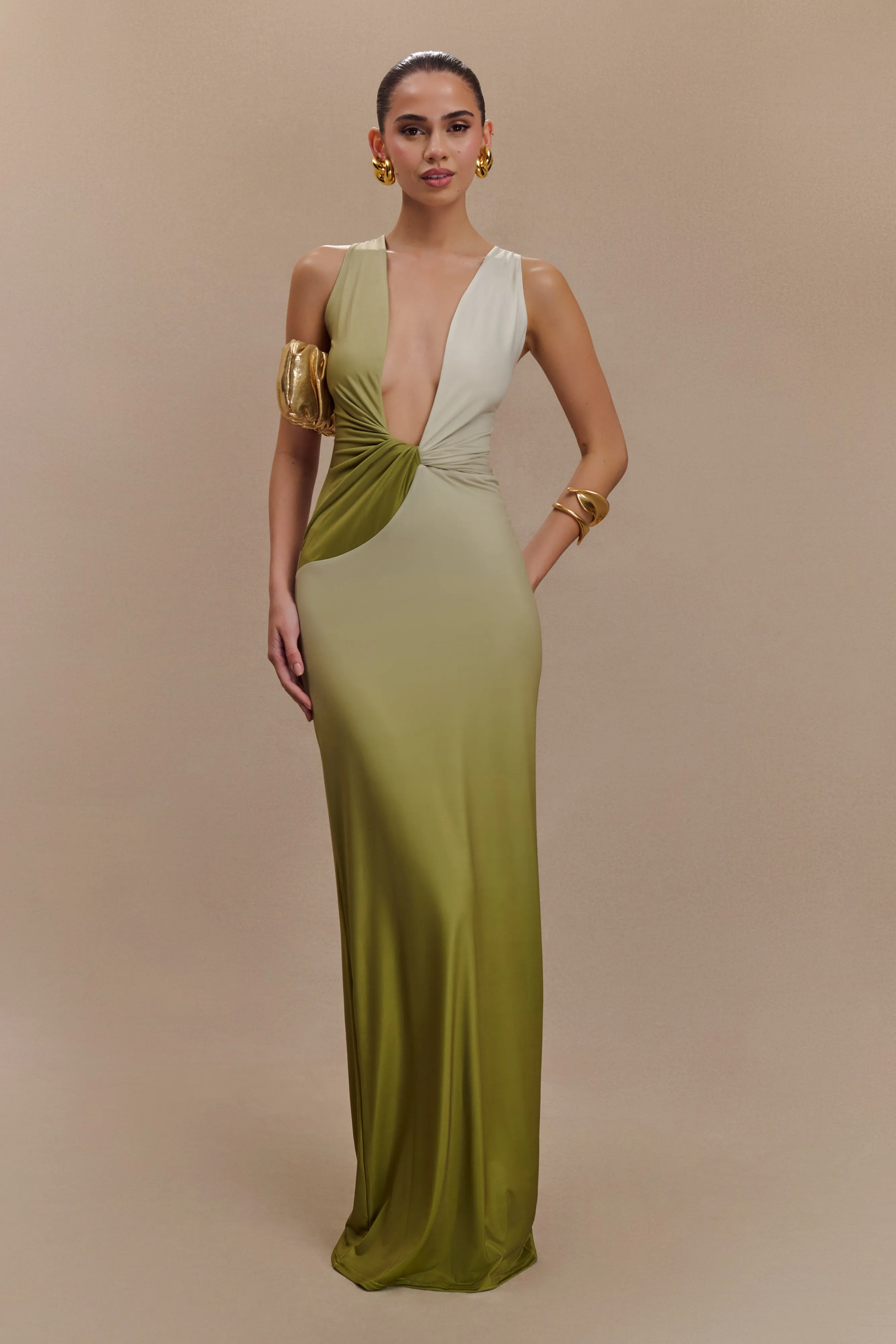 Stella Draped Slinky Maxi Dress - Ombre Vintage Olive Weekend Style Day Glow