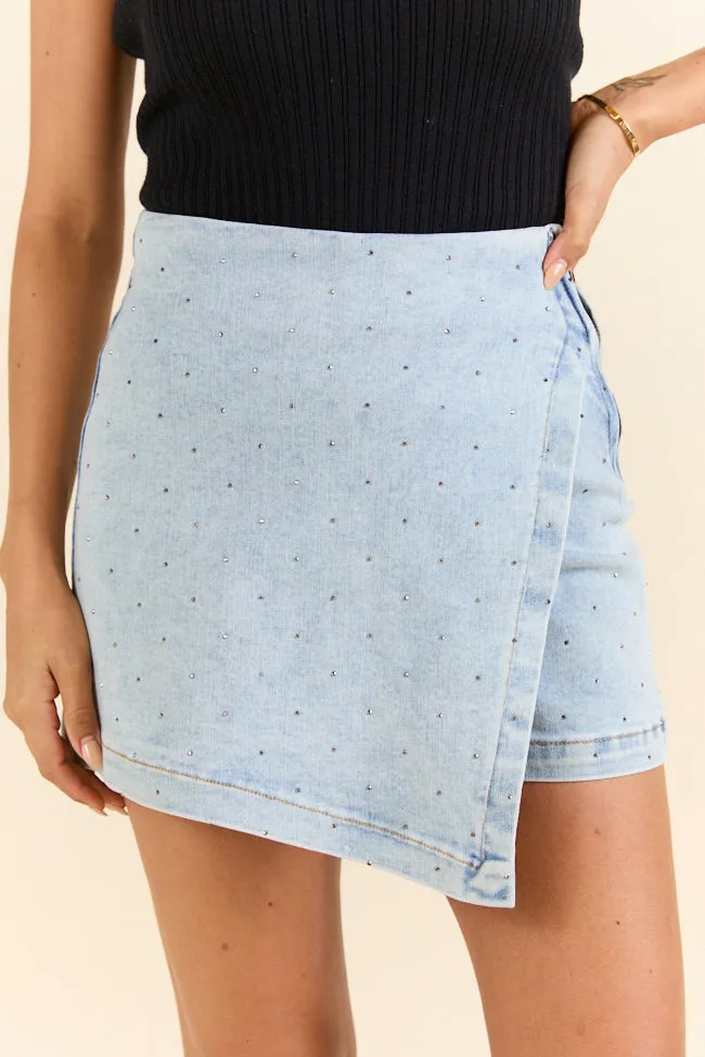 My Favorite Light Wash Rhinestone Studded Denim Skort SALE Minimalist fashion Breezy Style