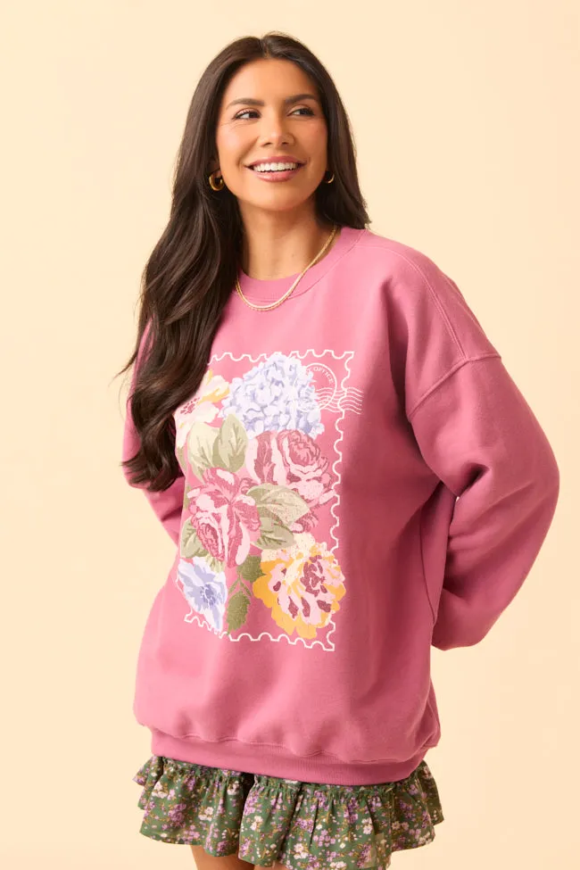 Cozy Layers Bold Print Floral Stamp Rose Graphic Sweatshirt