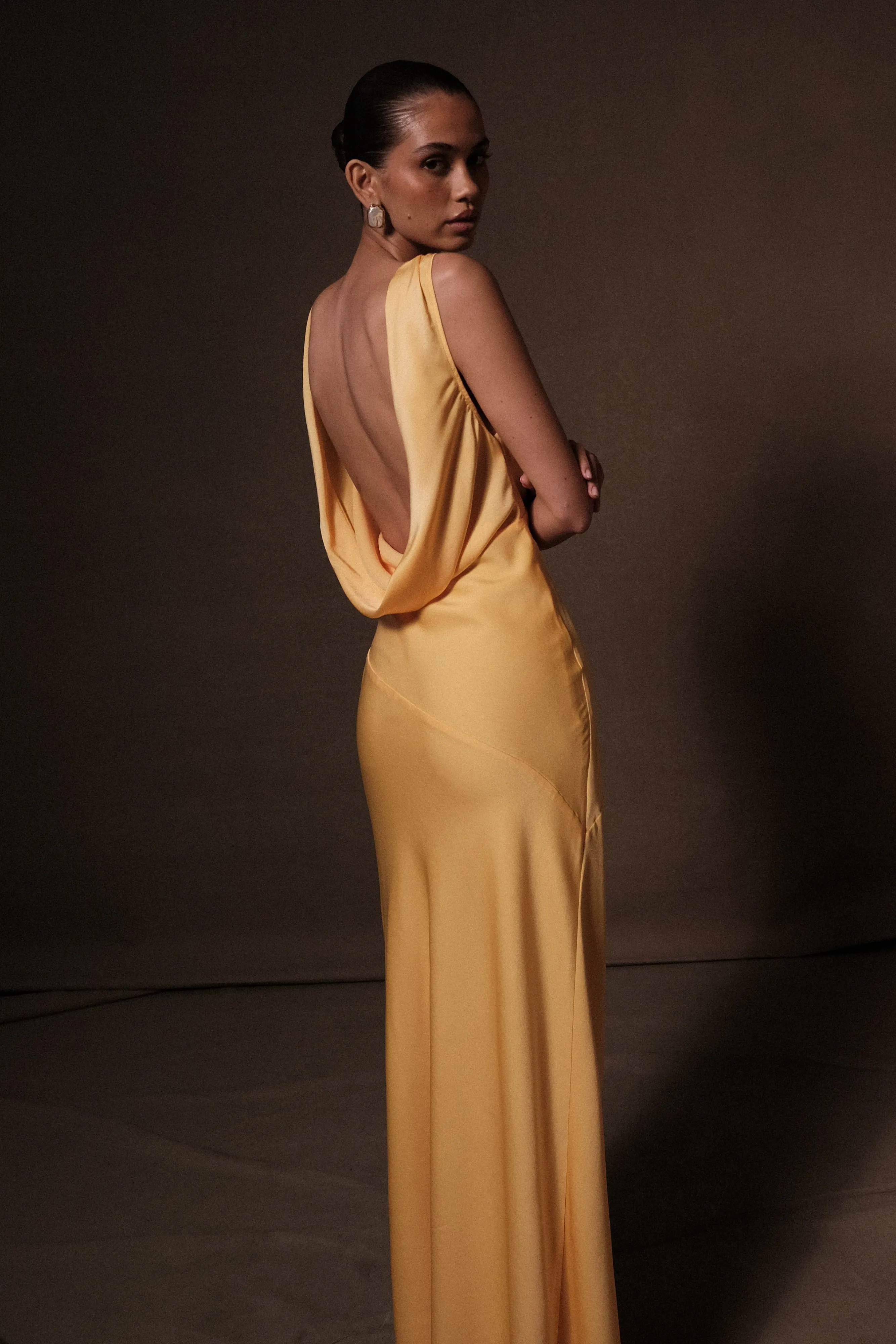 Cool Comfort Versatile Piece Nadia Maxi Satin Dress With Back Cowl - Lemon