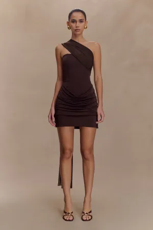Mattea Slinky And Mesh Mini Dress With Scarf - Dark Chocolate Petite friendly Sophisticated Tailoring