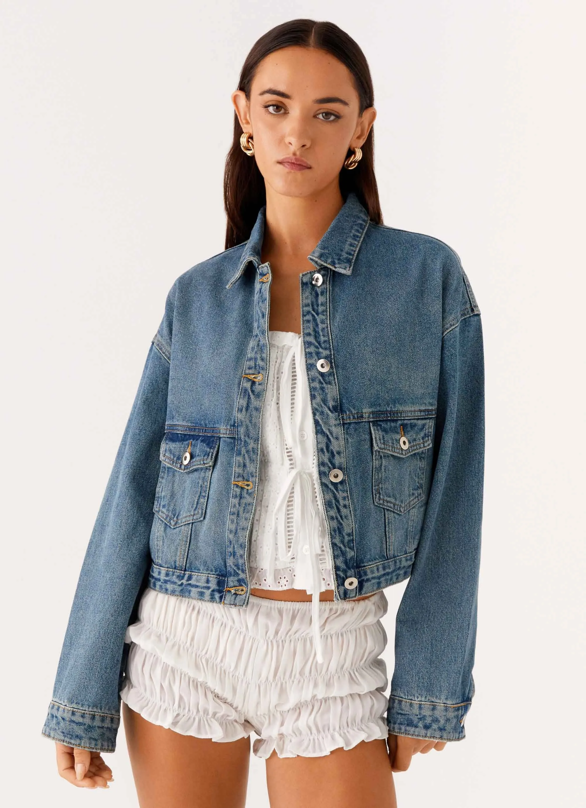 Kristy Oversized Denim Jacket - Blue Stylish Layer Stormproof Zipper