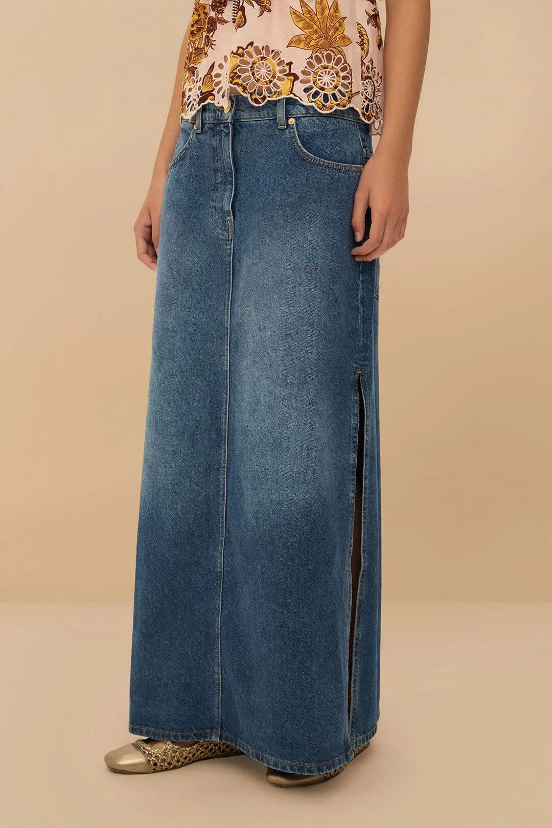 Denim Side Slit Maxi Skirt Feminine Charm