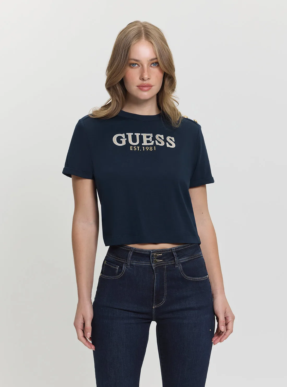 Blue Rhinestone Logo Cropped T-Shirt Streetwear Style