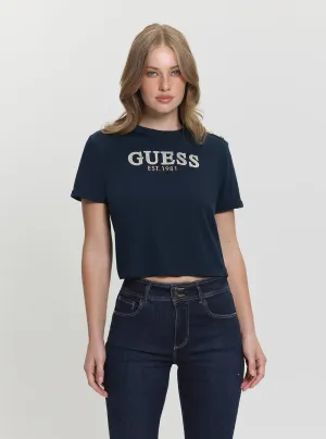 harmonious Blue Rhinestone Logo Cropped T-Shirt