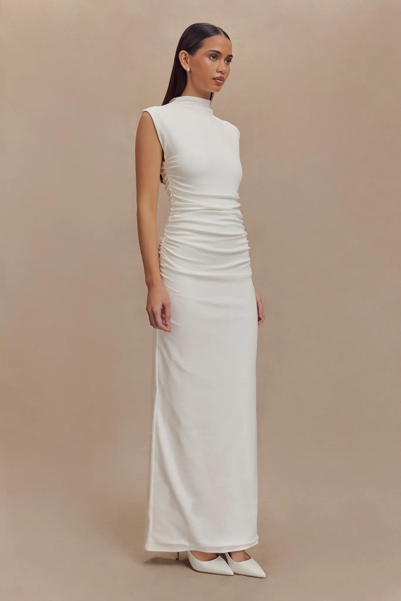 Spring Vibe Cozy Drape Elliot High Neck Sleeveless Maxi Dress - White