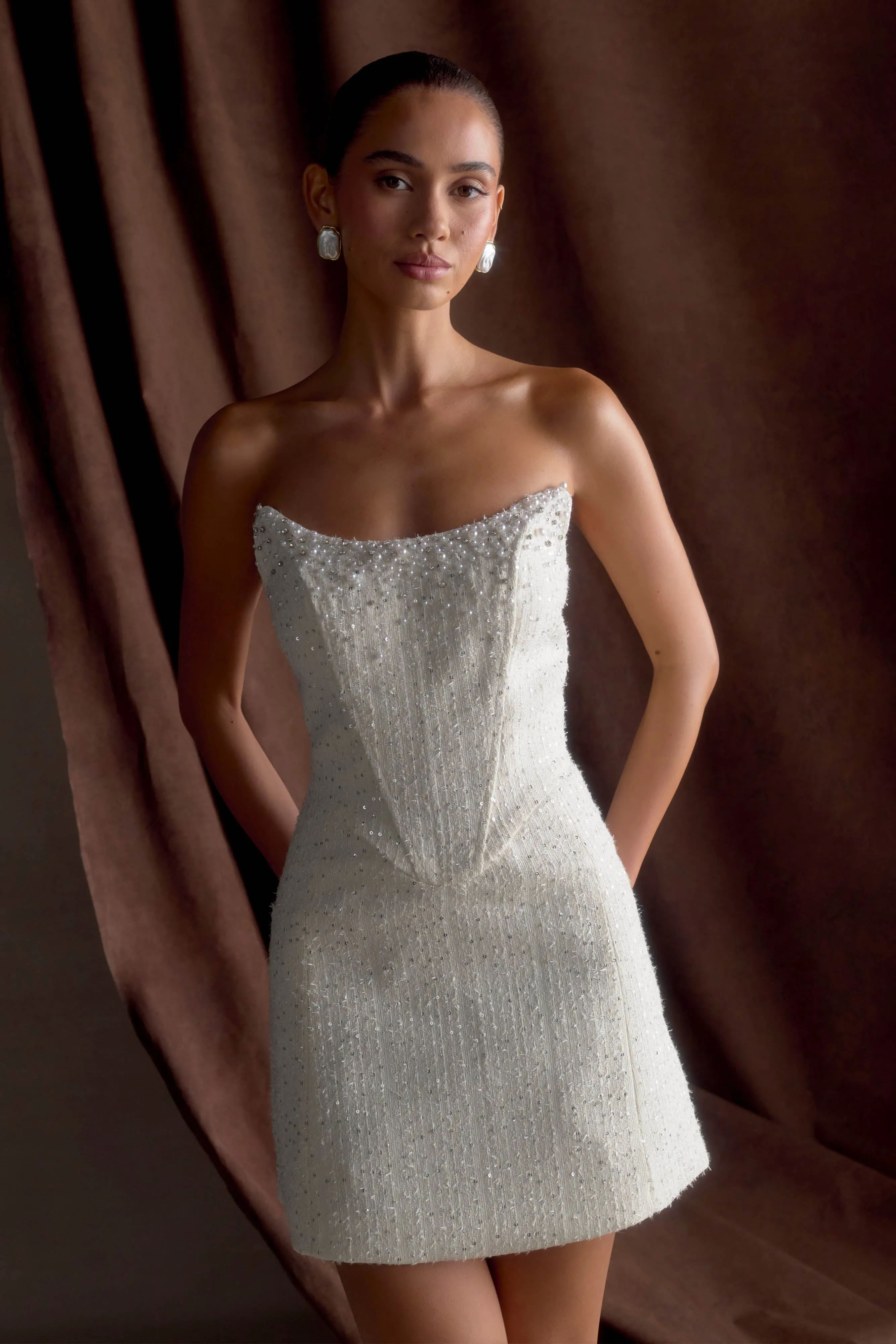 Lorrie Tweed Corset Mini Dress - White Lightweight Wear Bishop-Sleeve