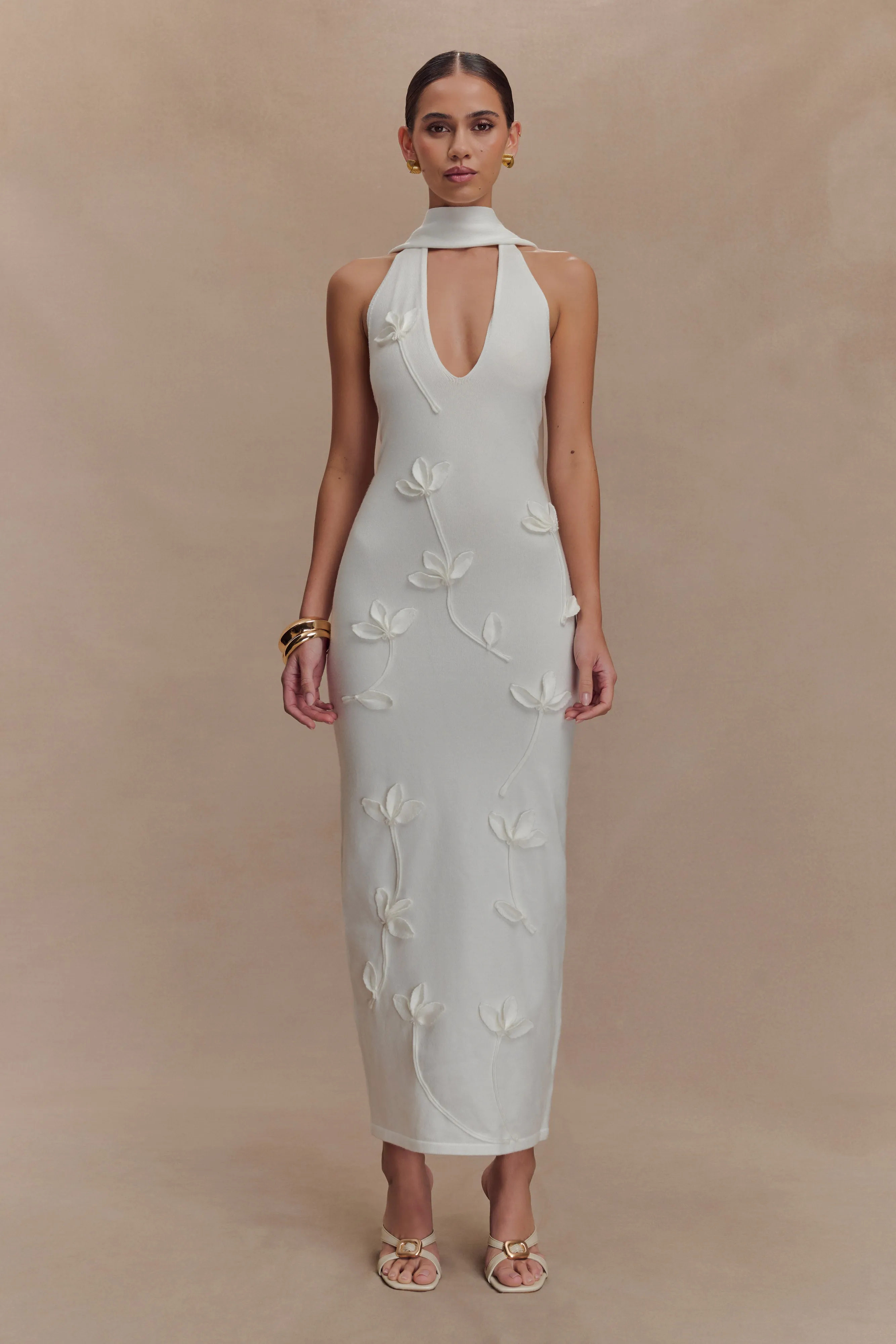 Wynn Floral Knit Midi Dress - White Chilly Day Comfort Weekend Favorite