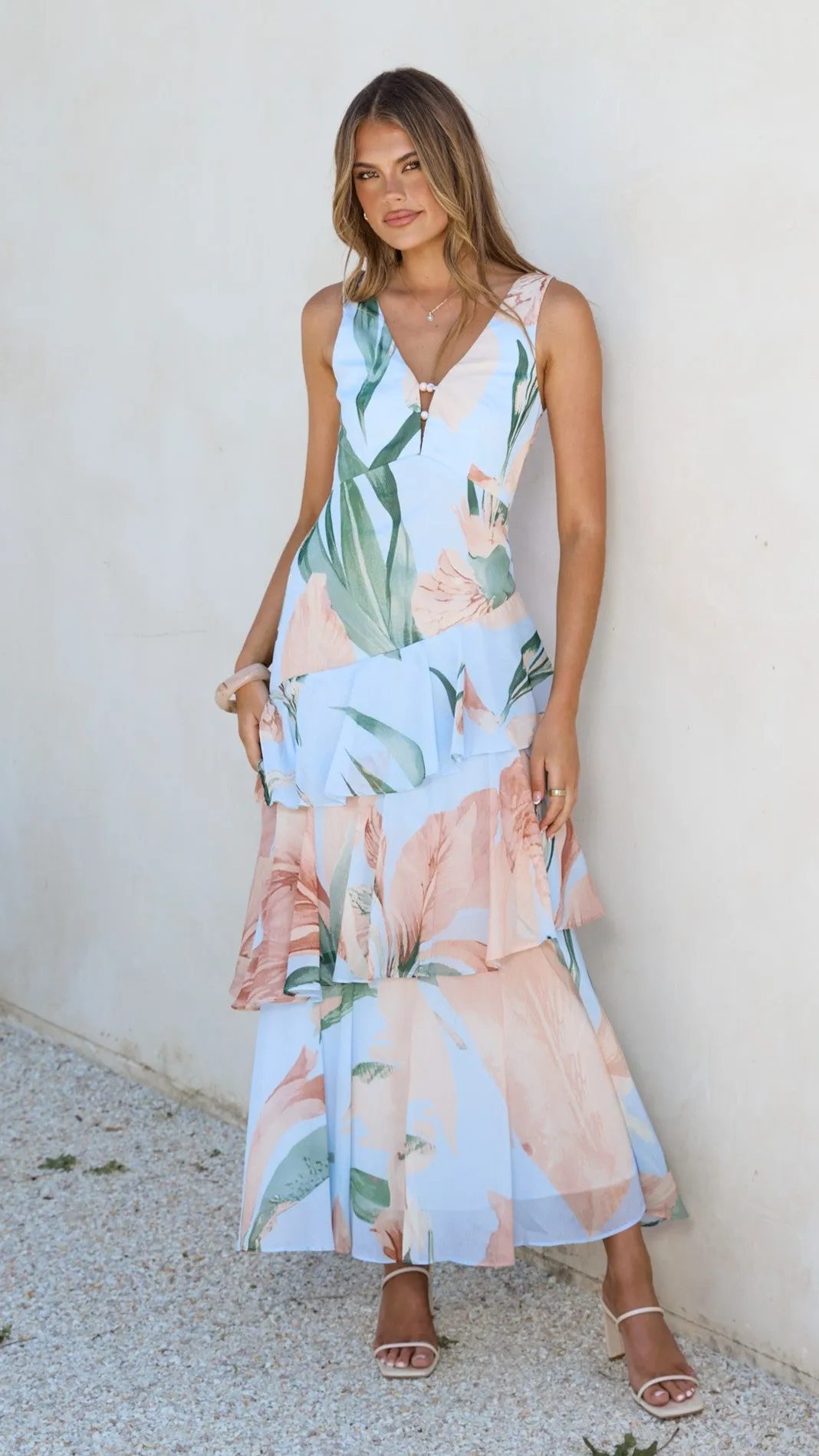 Abrasion-resistant Reina Tiered Maxi Dress - Blue Floral