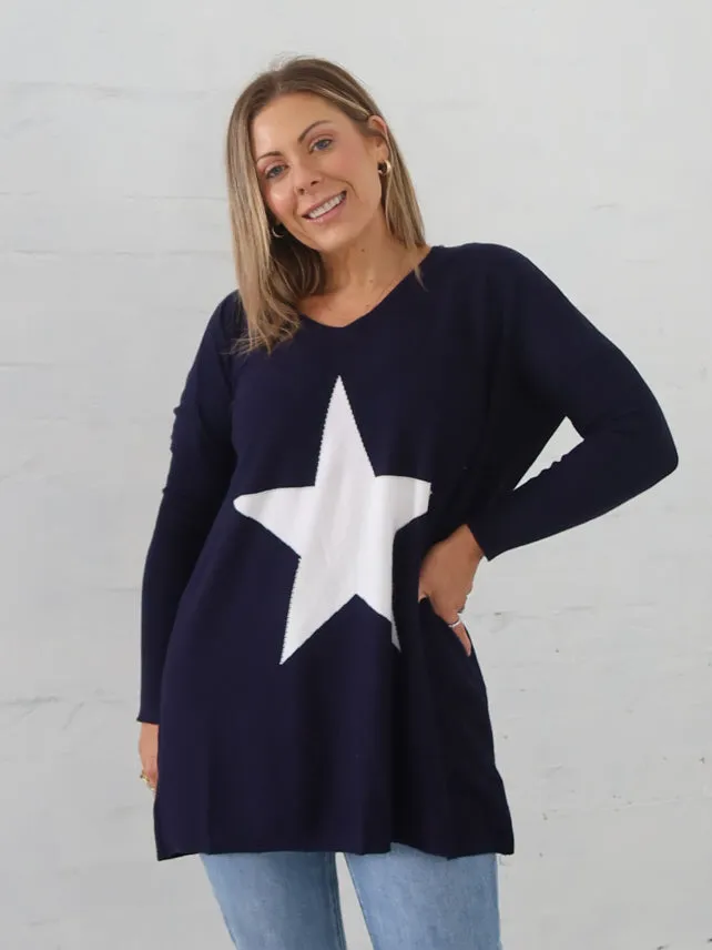 DoubleLayered Hem Technology Cold Day Maeve Star Knit - Navy