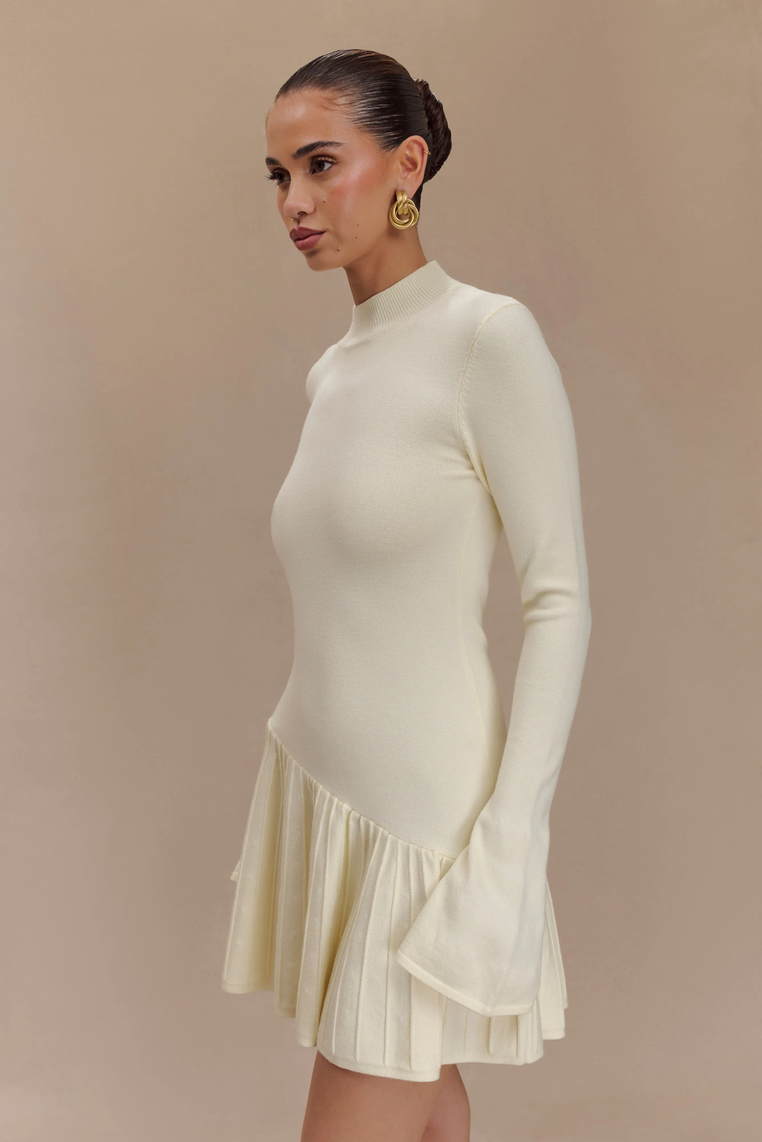 Blair Knit Mini Dress With Pleats - Ivory Tall Girl