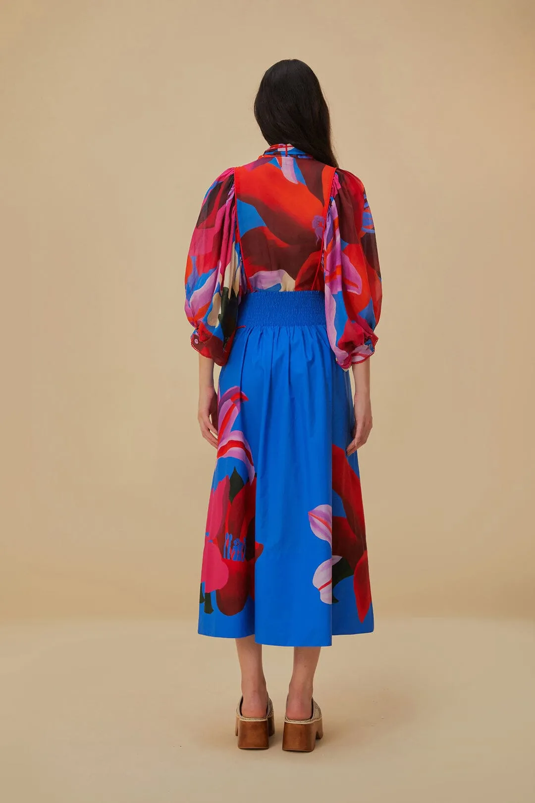 Daily Favorite raw hem Watercolor Floral Blue Midi Skirt