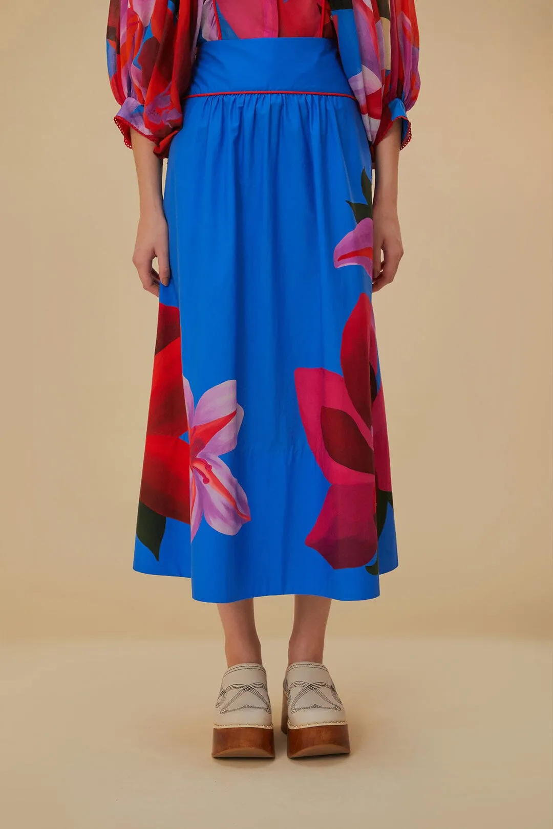 Watercolor Floral Blue Midi Skirt Contemporary Design Chill Feel