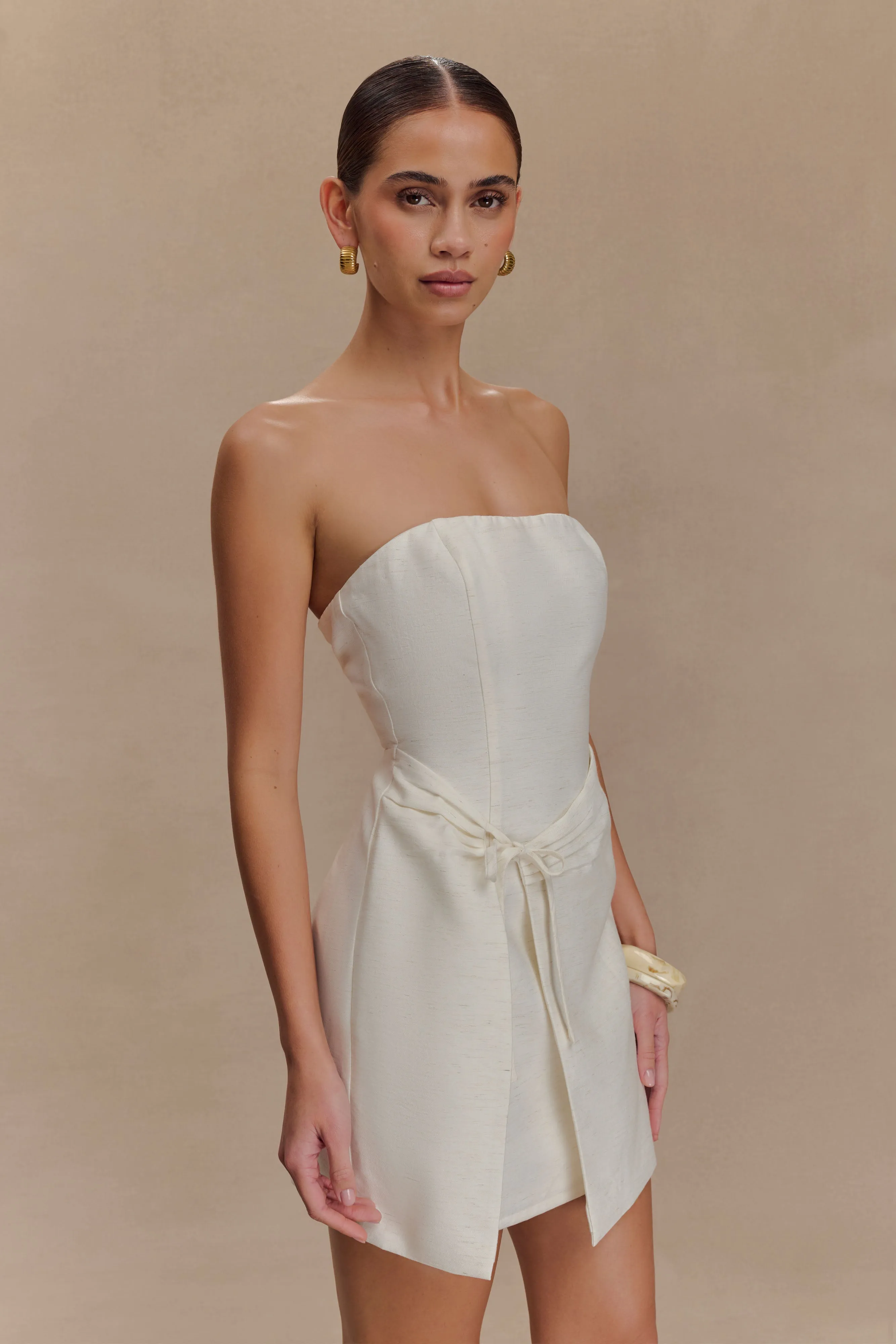 ruffle trim Steph Strapless Linen Mini Dress - White