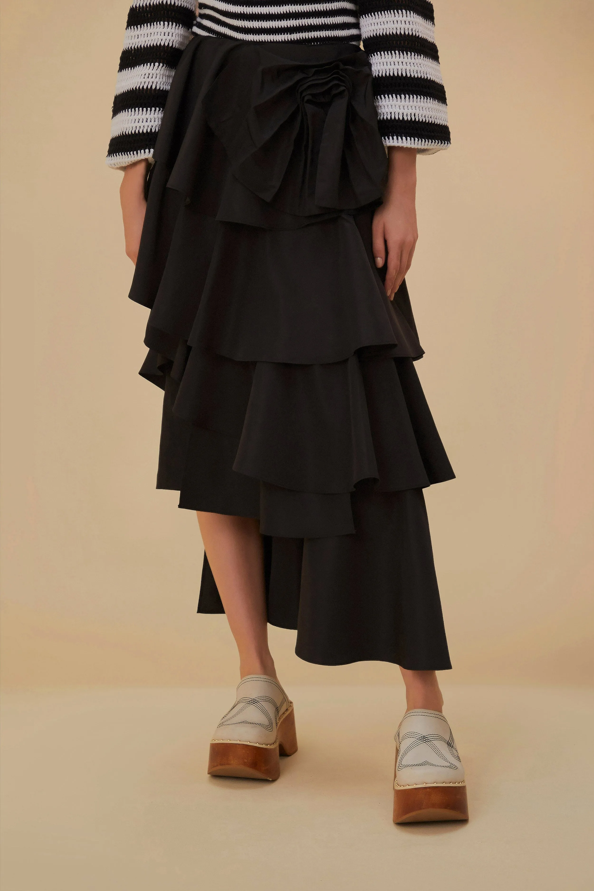 Black Tiered Bow Detail Maxi Skirt Relaxed Feel