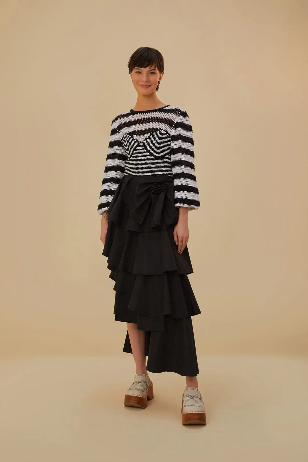 Vibrant Flow Black Tiered Bow Detail Maxi Skirt