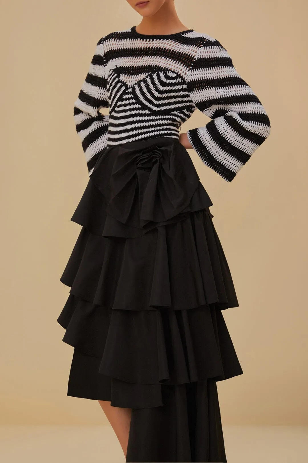 Black Tiered Bow Detail Maxi Skirt Smart Design Pleated design