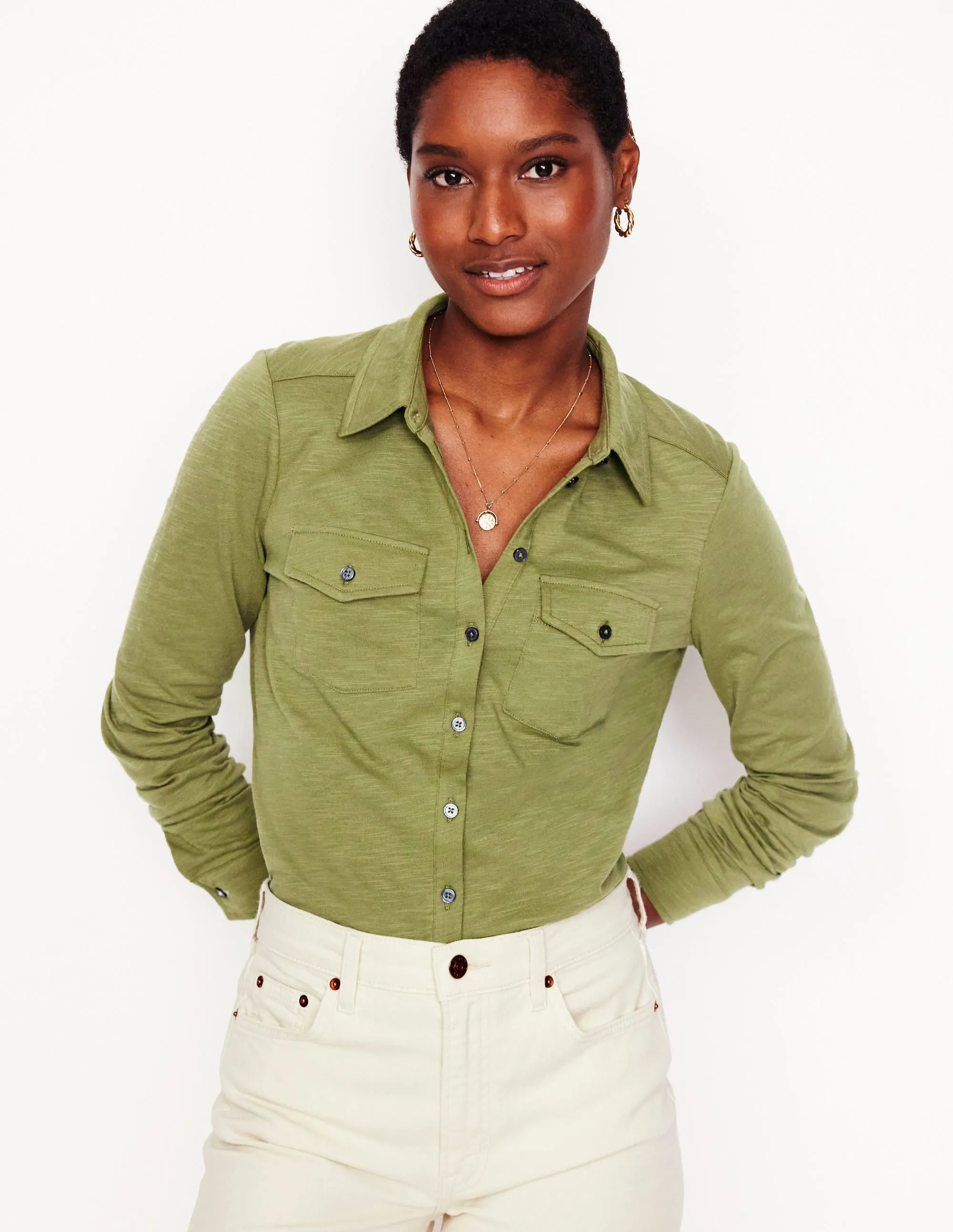 Amy Jersey Shirt-Soft Olive Crew neck classic Casual Layers