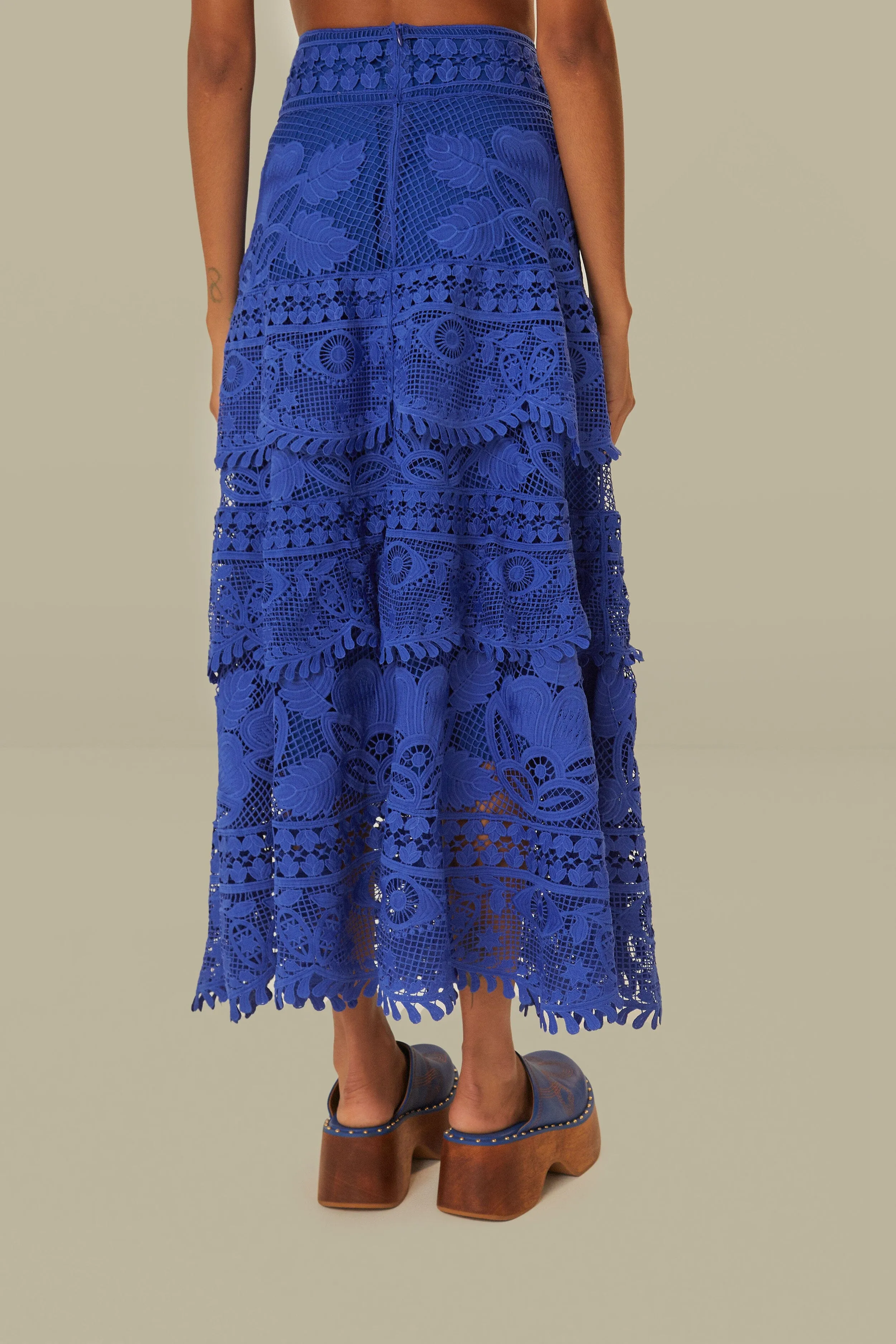 Blue Guipure Midi Skirt Smart Texture High Density Weave
