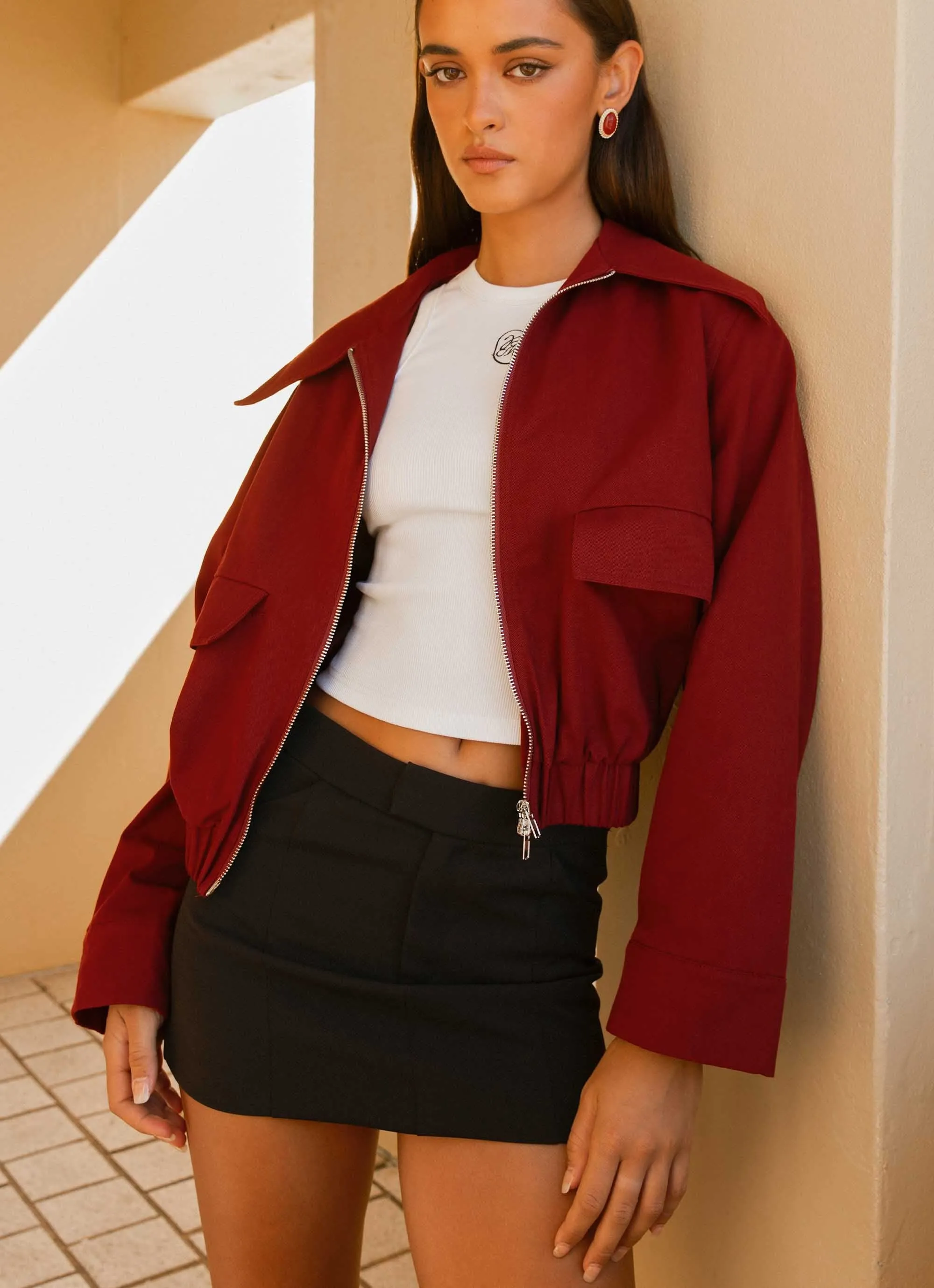 Weekend Casual Fit Right Direction Oversized Bomber Jacket - Deep Red