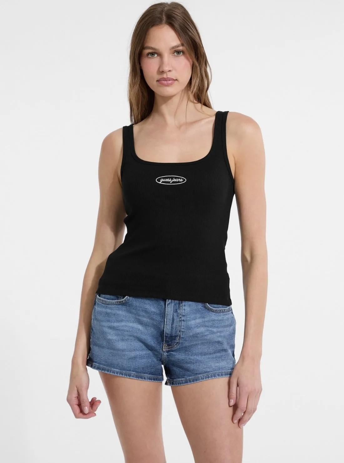 Flattering Design Soft Layering Guess Jeans Black Slim Rib Tank Top