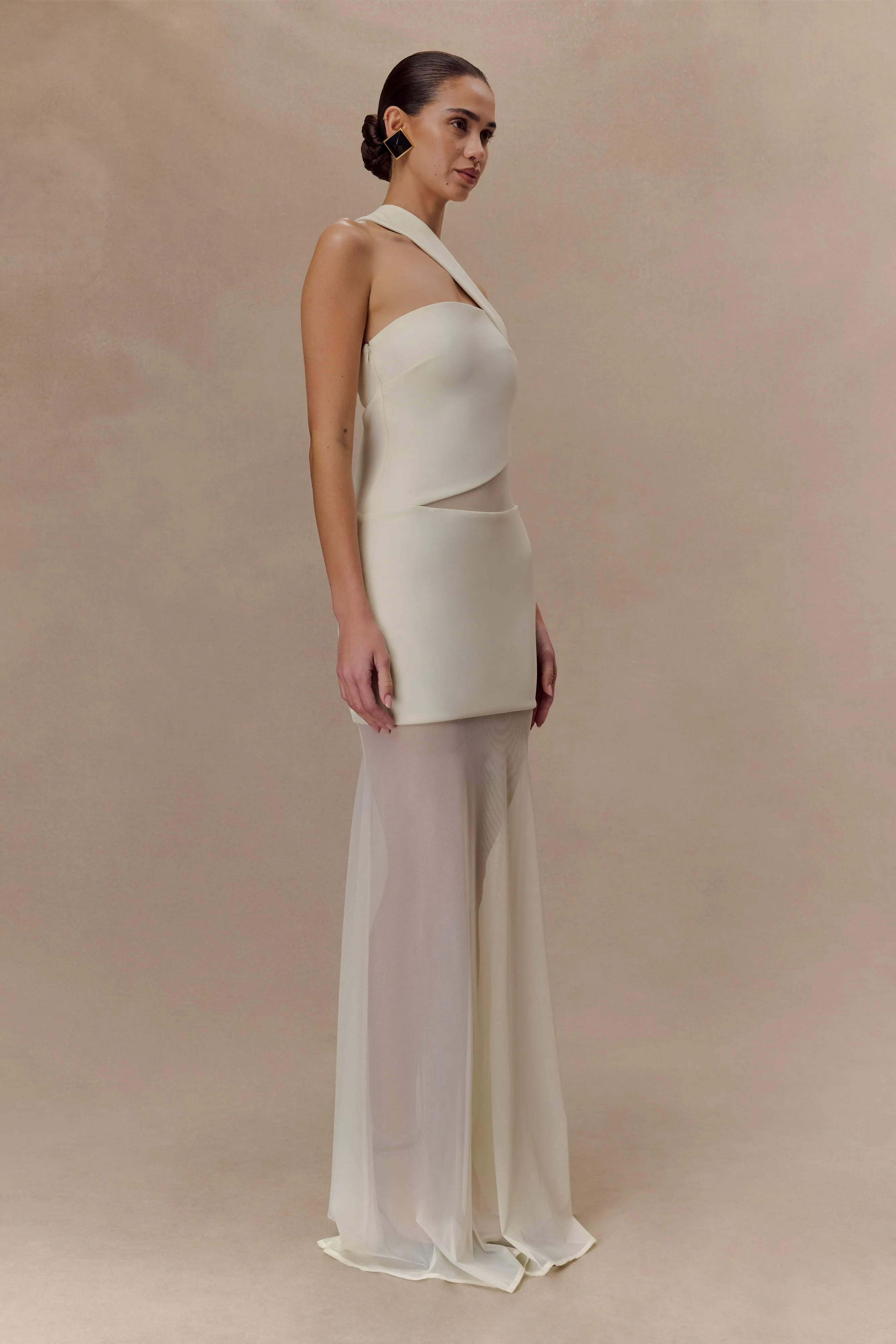 Vashti Cut Out Mesh Maxi Dress - Ivory Satin-Sleeve