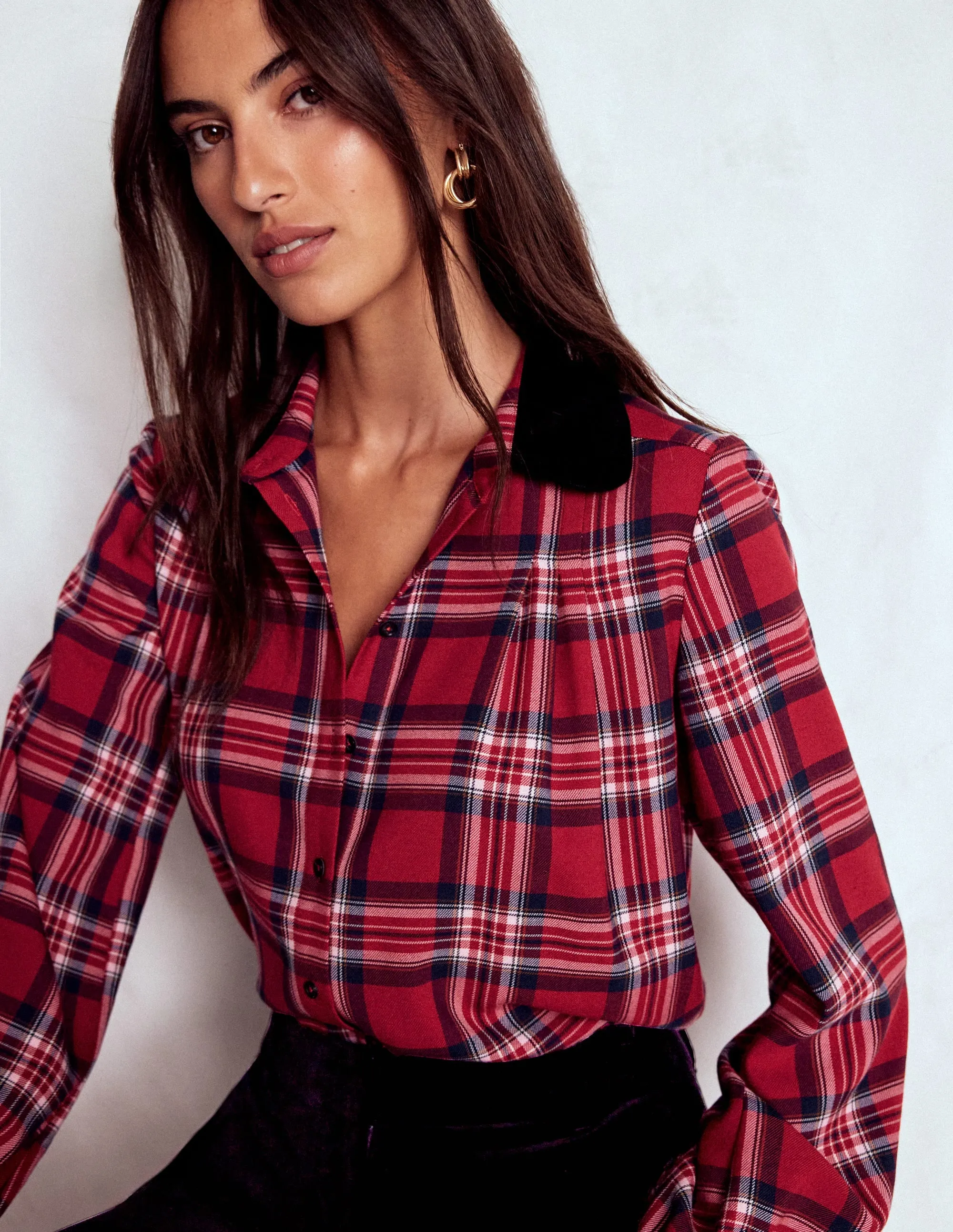 Velvet Collared Check Shirt-Red Check EasyCare Fabric