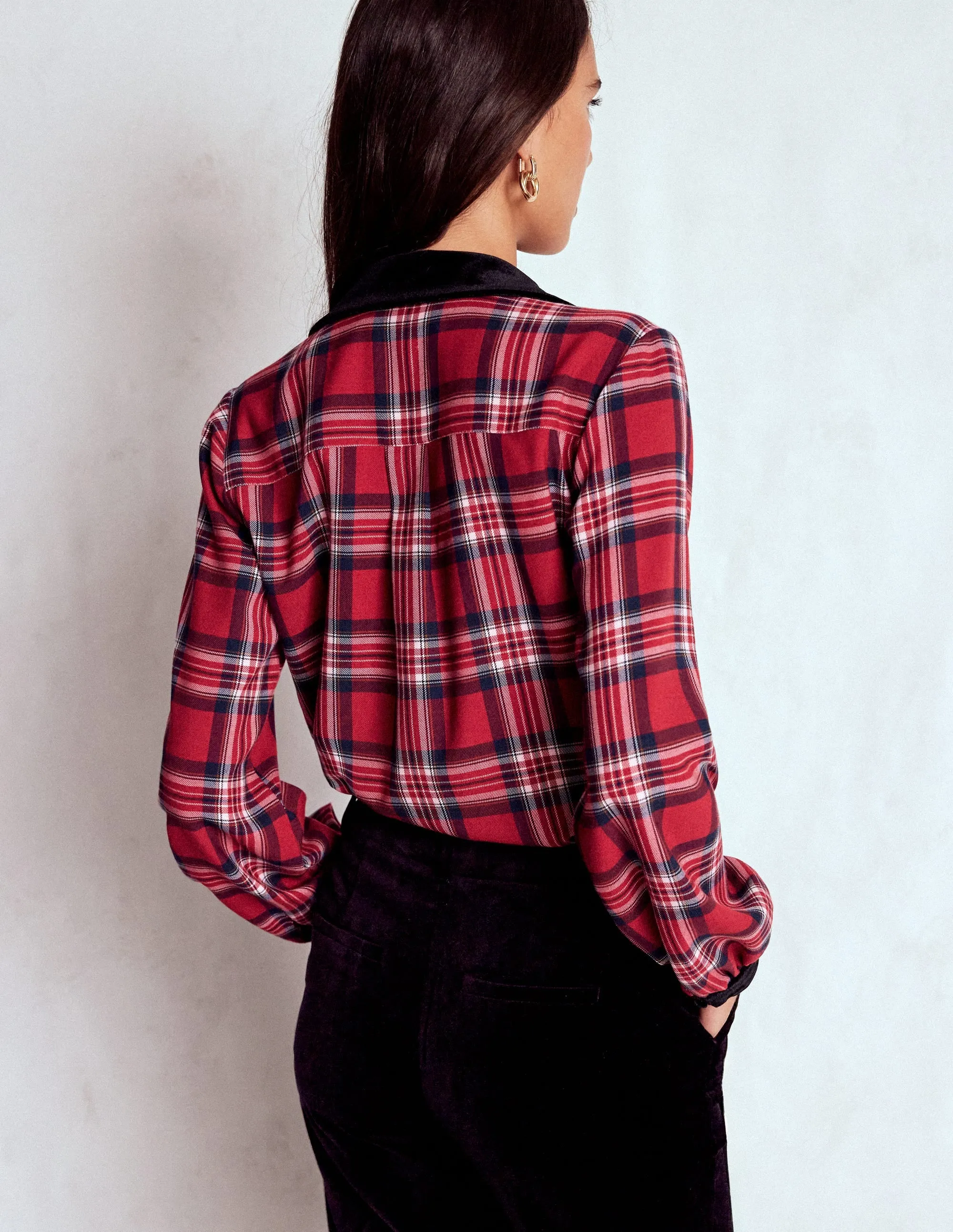 Velvet Collared Check Shirt-Red Check Relax Comfort Style