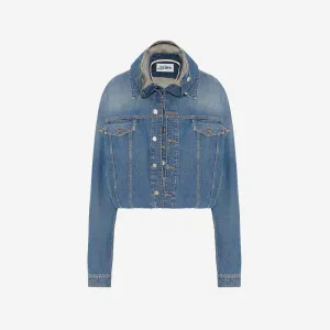 Reinforced Hems Designer Inspired Jean Paul Gaultier Double Layer Denim Jacket With Hood Detail - Vintage Blue