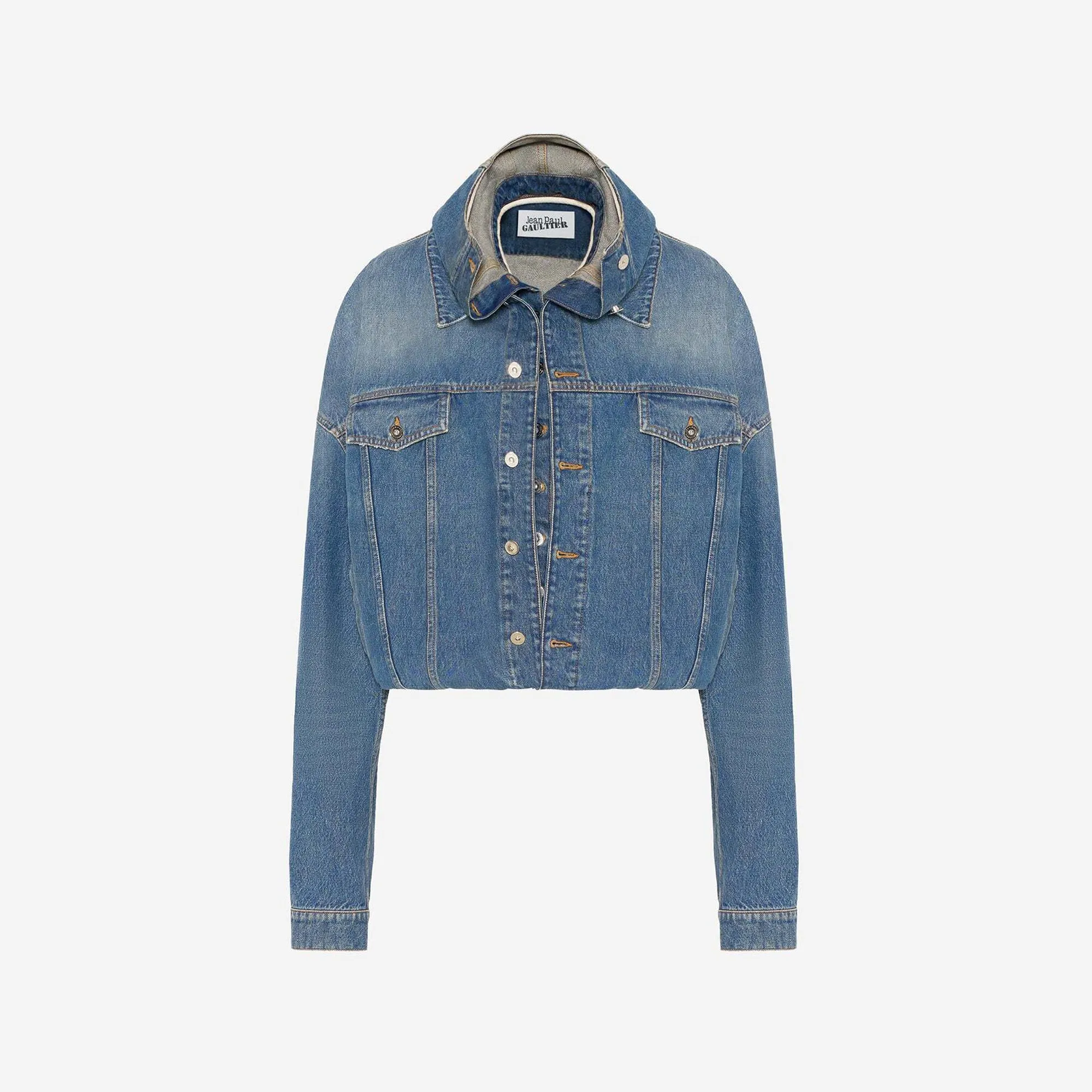 Jean Paul Gaultier Double Layer Denim Jacket With Hood Detail - Vintage Blue Fashion Forward
