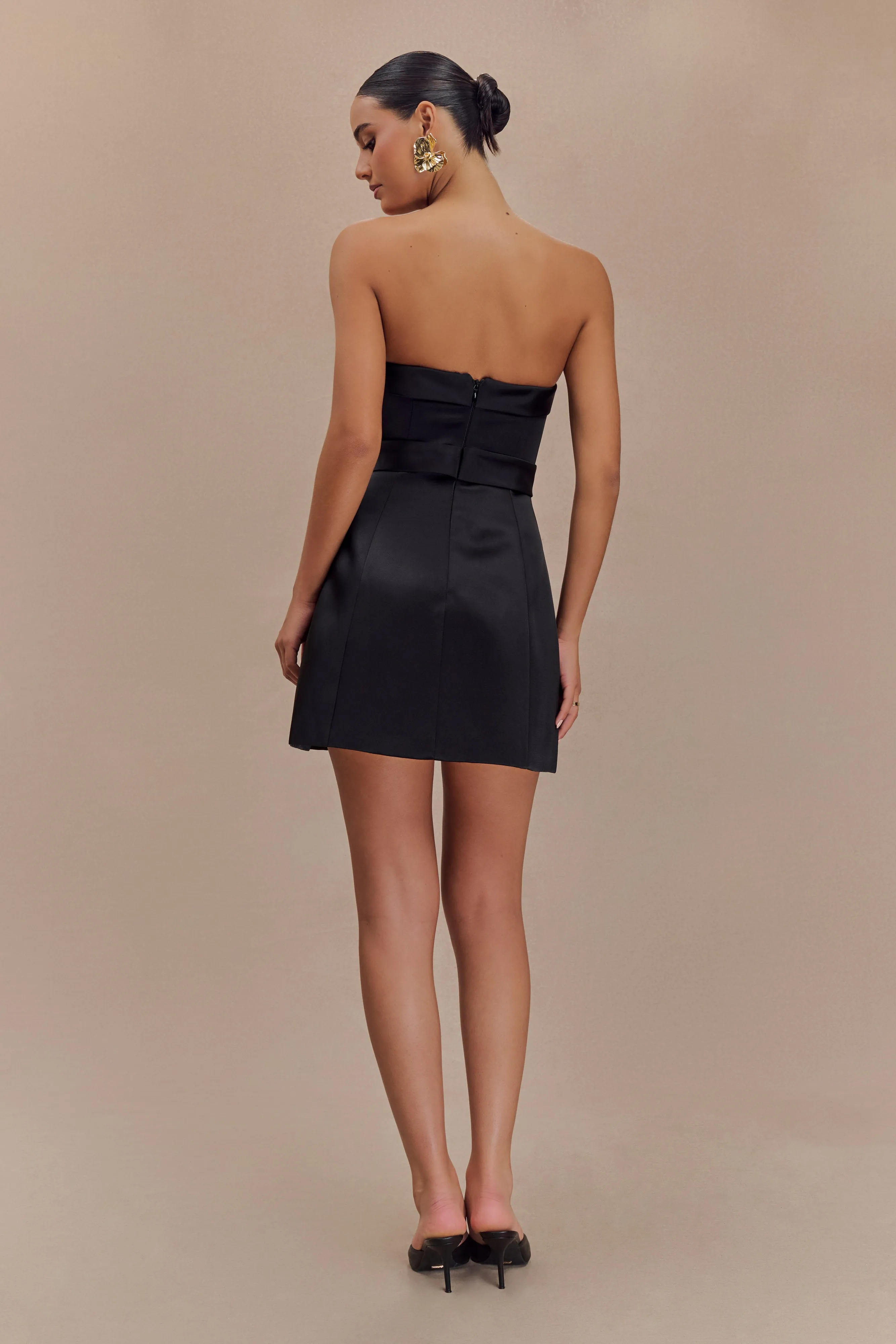 Tatiana Satin Strapless Bow Mini Dress - Black Asymmetrical hem