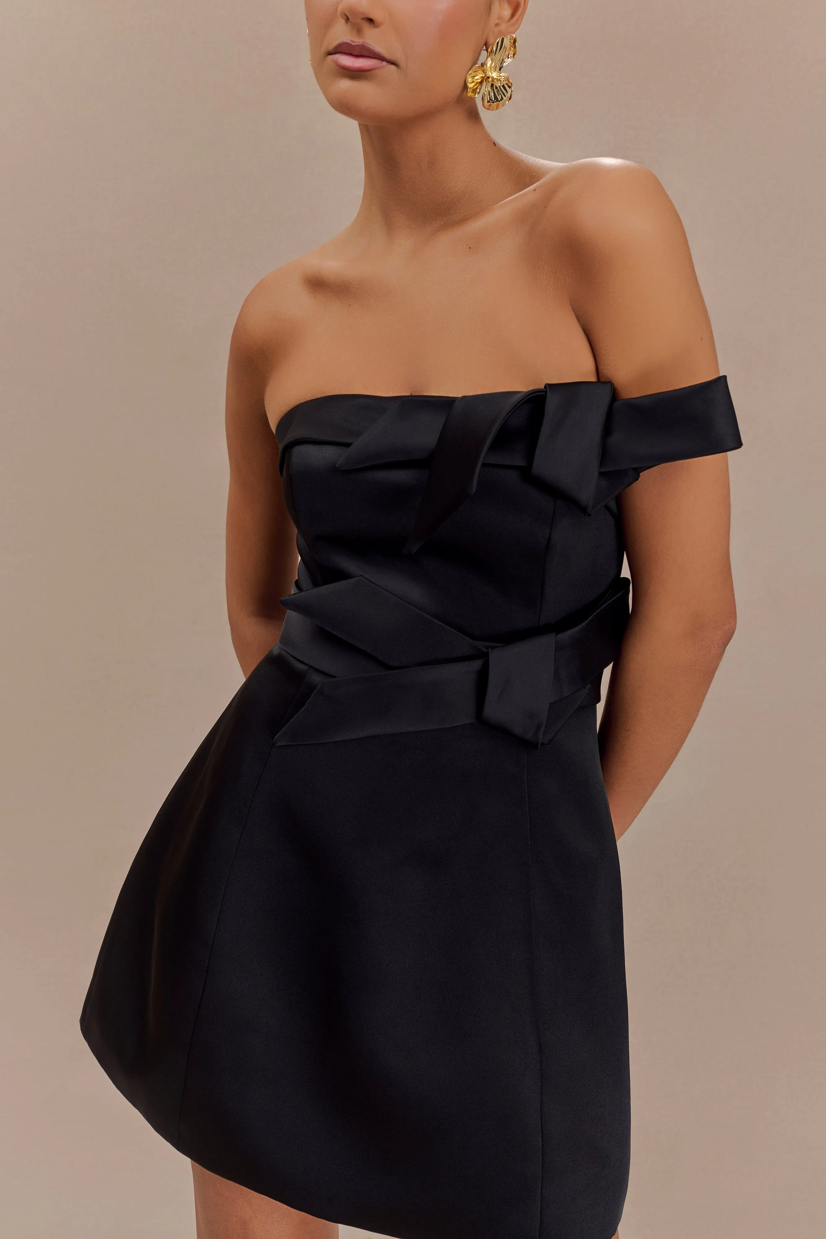 Tatiana Satin Strapless Bow Mini Dress - Black Calm Outfit