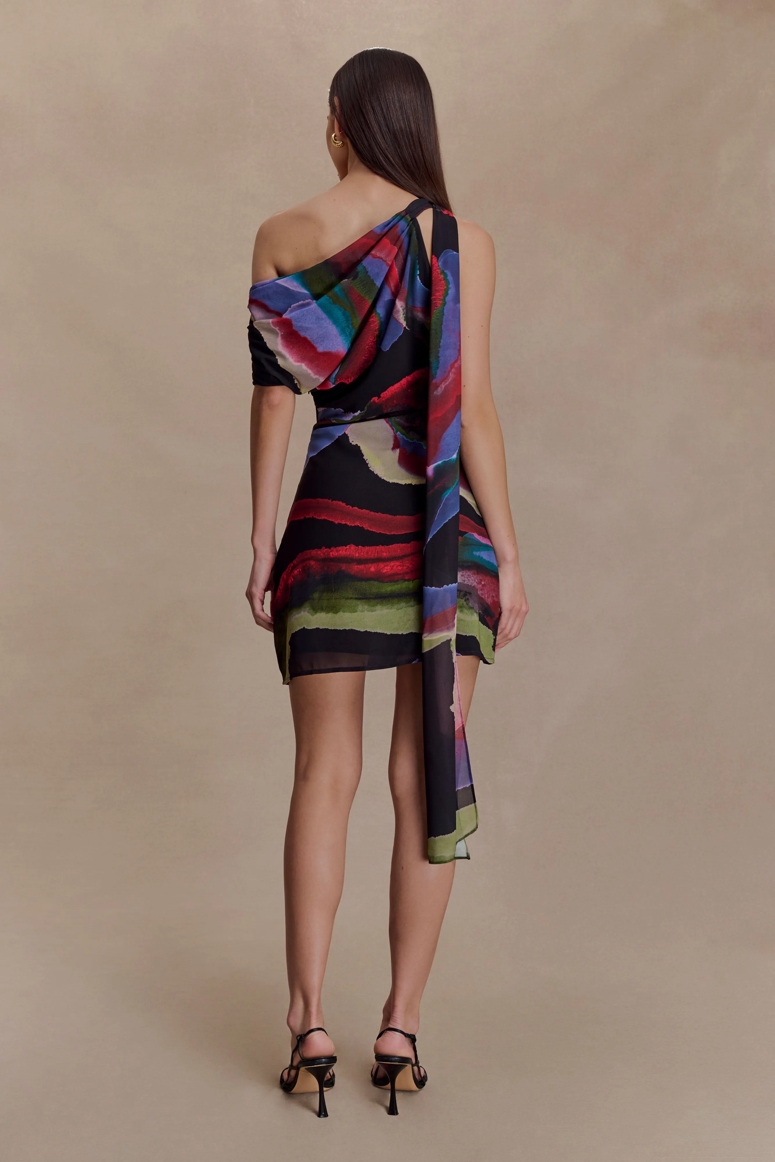 Warm-Layer Minimal Motion Daisie Chiffon Mini Dress - Multi Fluid Reverie Print