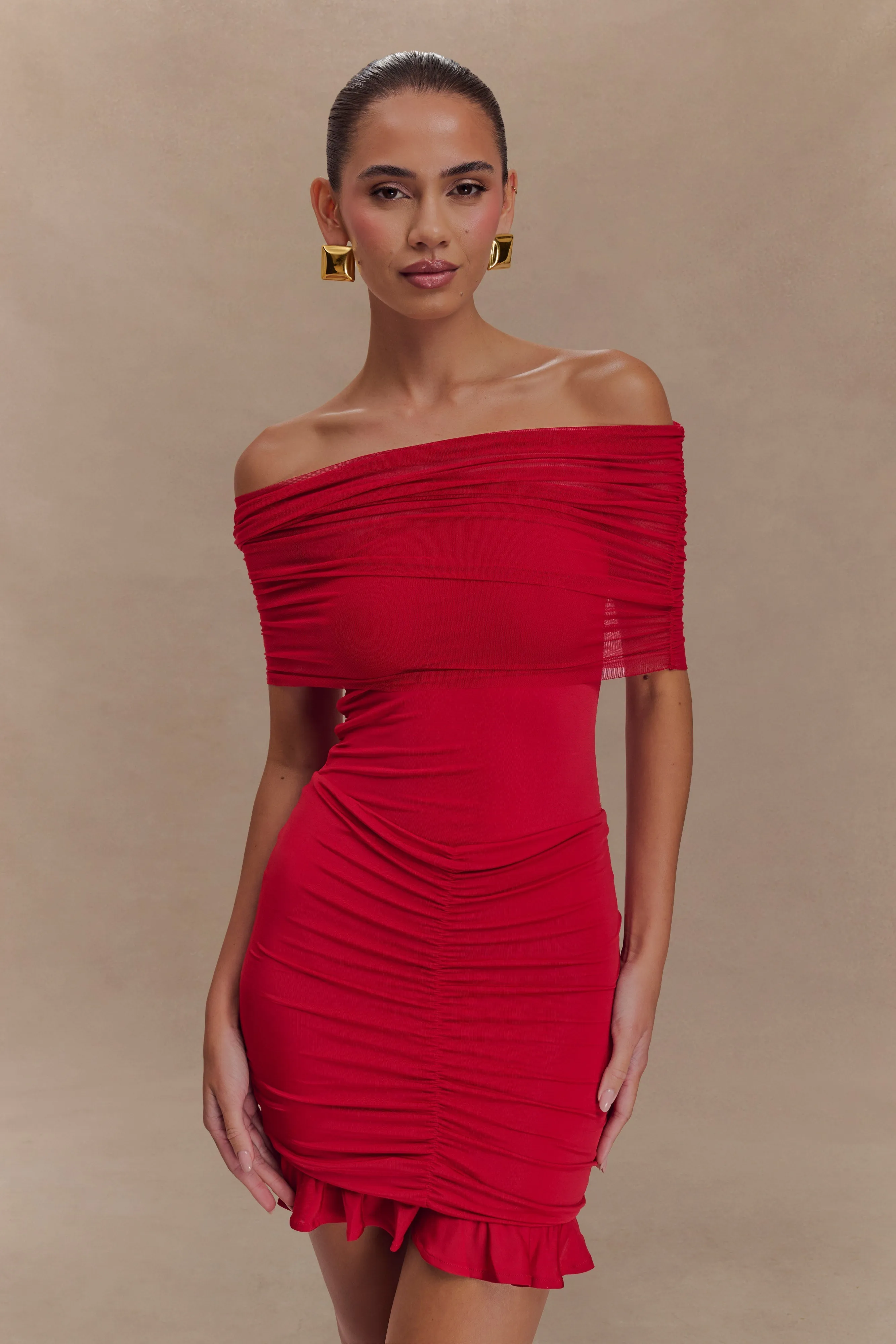 Street Motion Caspian Slinky And Mesh Off Shoulder Mini Dress - Ruby