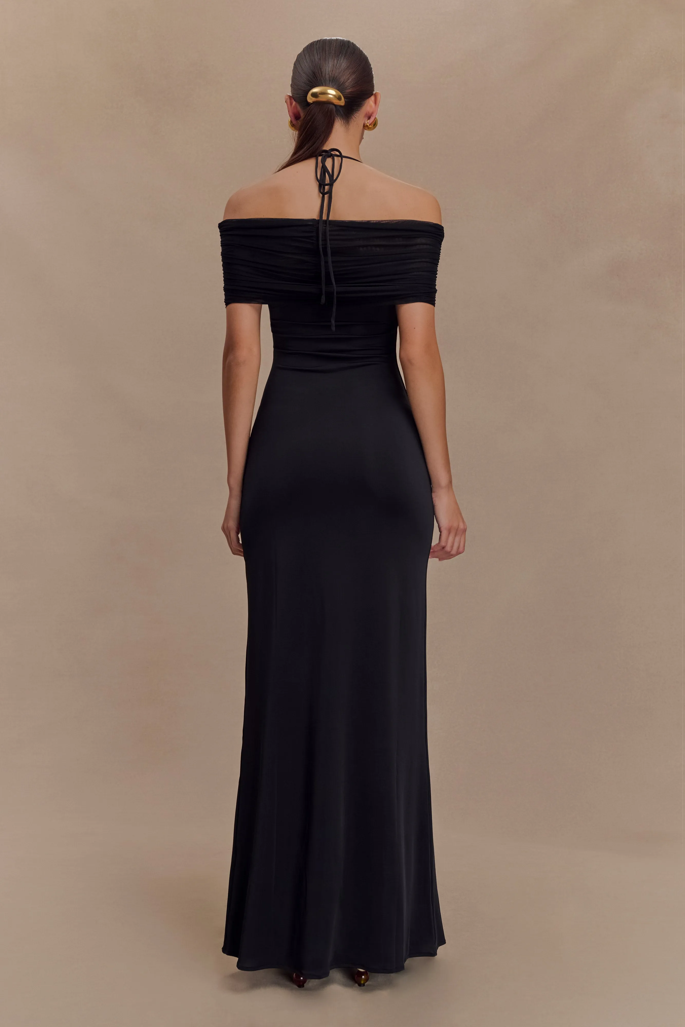 Dreamy Layers Bernadina Mesh And Slinky Halter Maxi Dress - Black