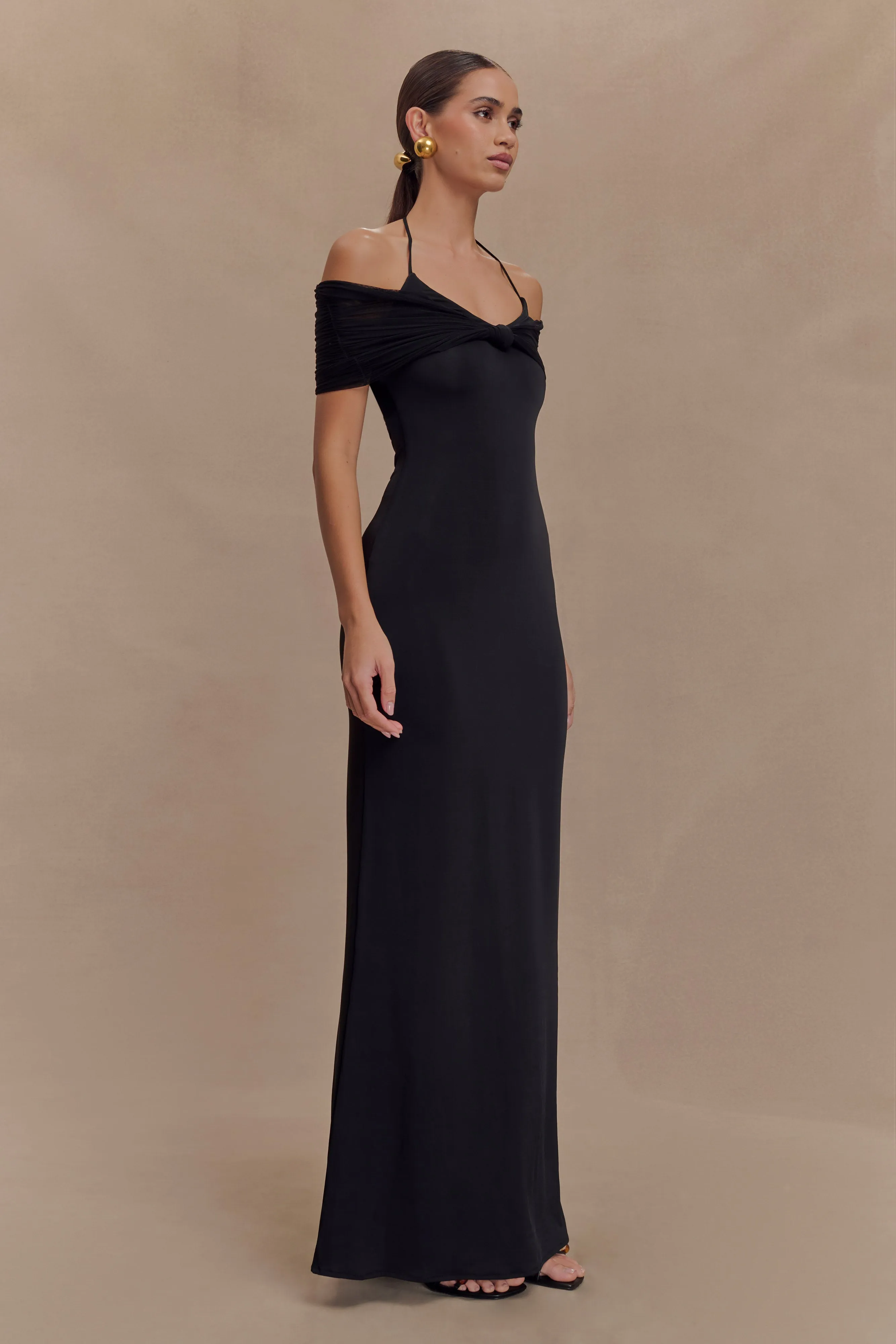 Quick-Dry Daily Ready Bernadina Mesh And Slinky Halter Maxi Dress - Black