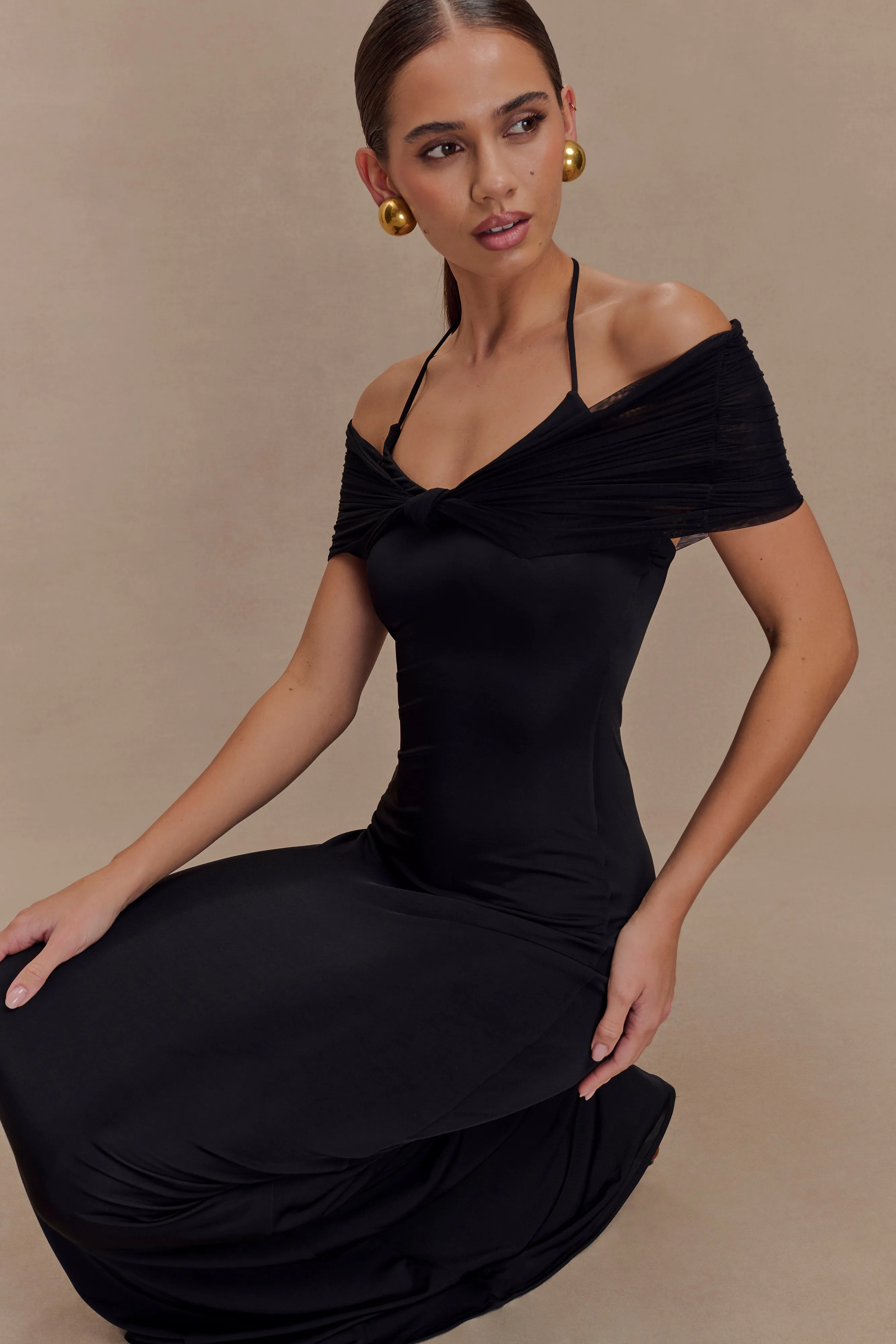 Bernadina Mesh And Slinky Halter Maxi Dress - Black Detachable-Detail Tulle Flow