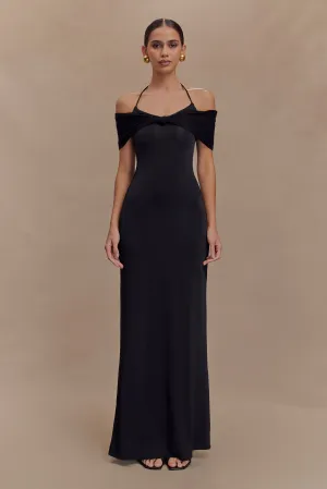 Flexible Fabric Bernadina Mesh And Slinky Halter Maxi Dress - Black