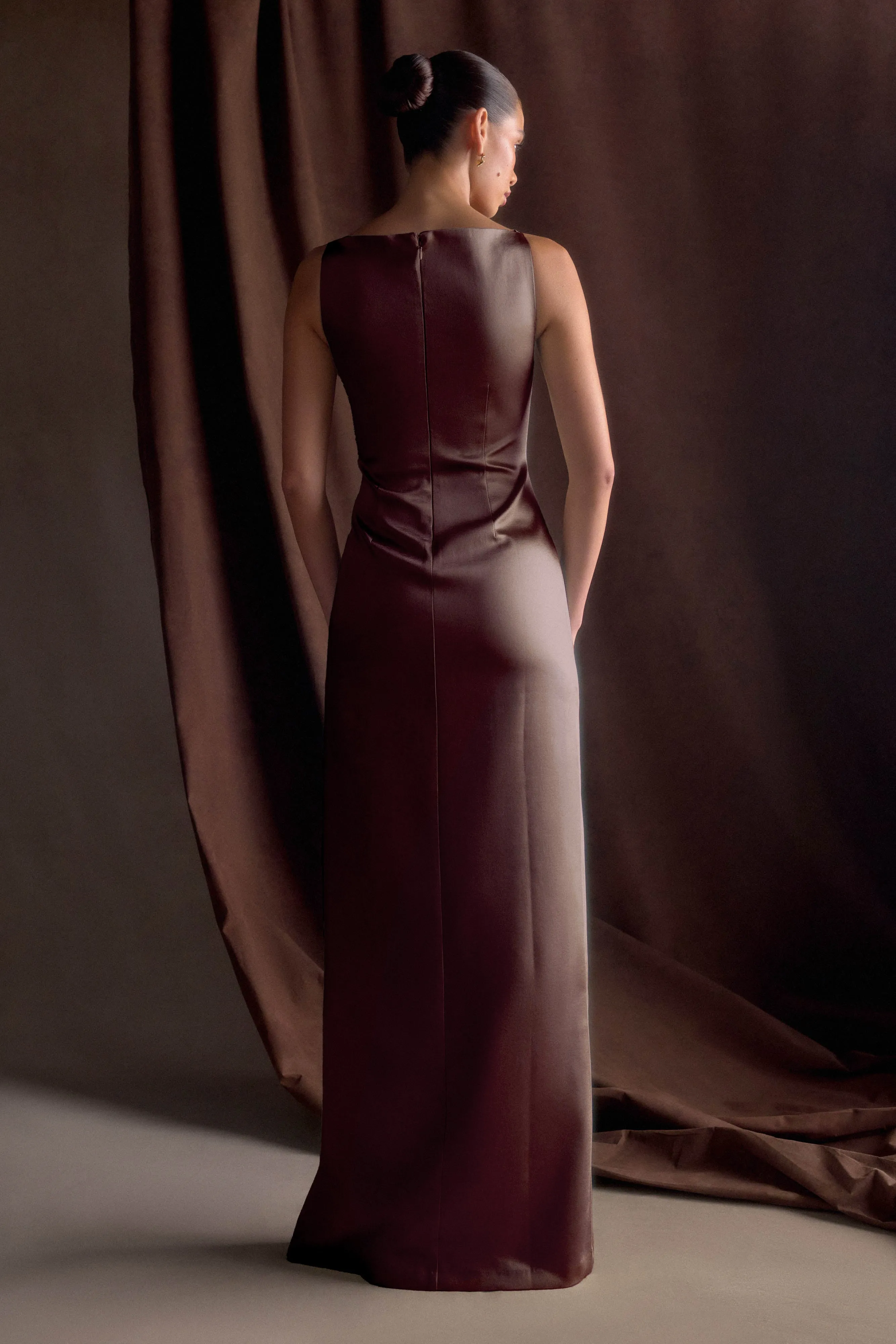 Violet Sleeveless Satin Maxi Dress - Dark Chocolate Smart Texture