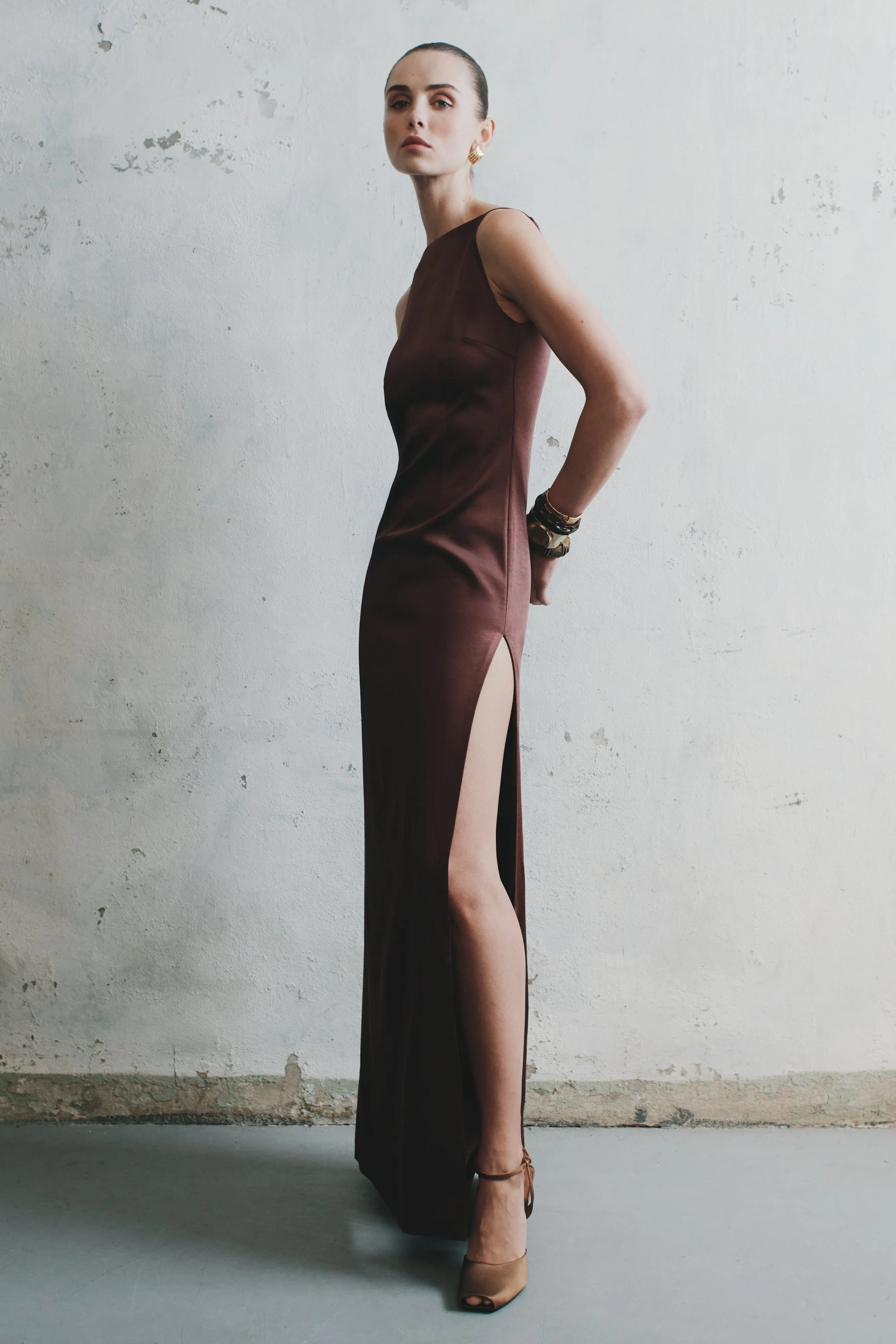 Violet Sleeveless Satin Maxi Dress - Dark Chocolate Pleat-Front