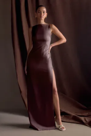Refined Style Bold Look Violet Sleeveless Satin Maxi Dress - Dark Chocolate