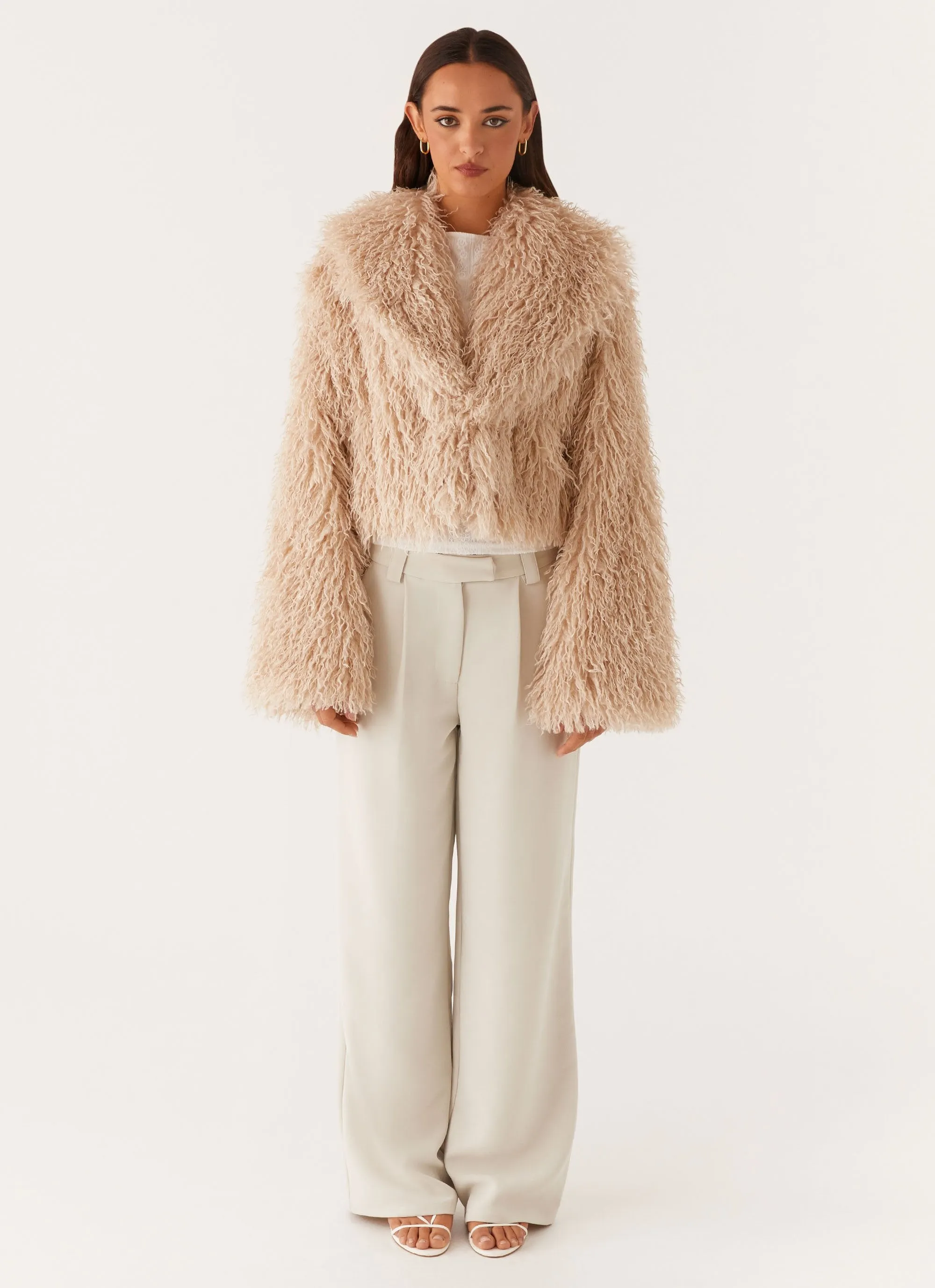 Virginia Cropped Faux Fur Jacket - Taupe All Weather Performance RecycledPolyester