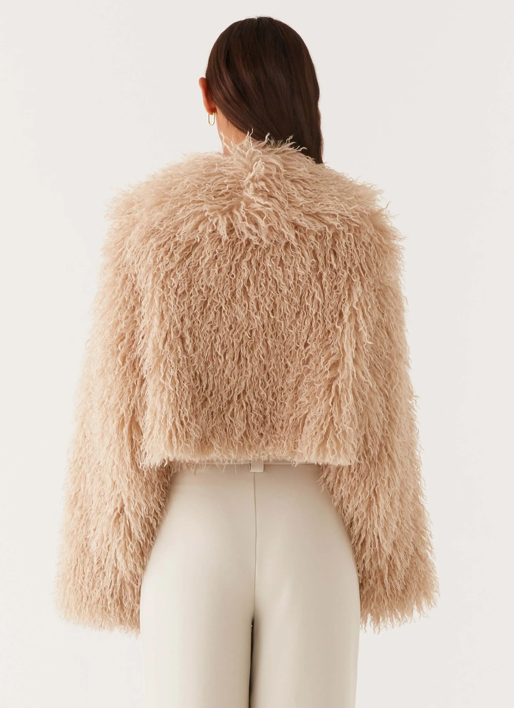 Flexible Hood Design Crisp Look Virginia Cropped Faux Fur Jacket - Taupe