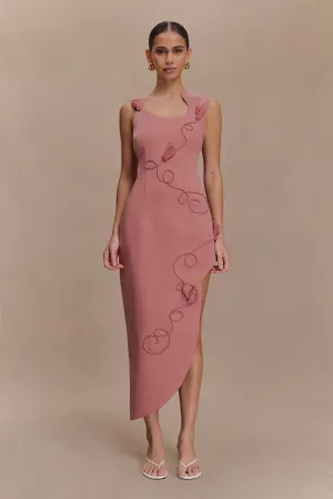 Virginia Suiting Embroidered Midi Dress - Burnt Rose Piped-Edge Soft Tones
