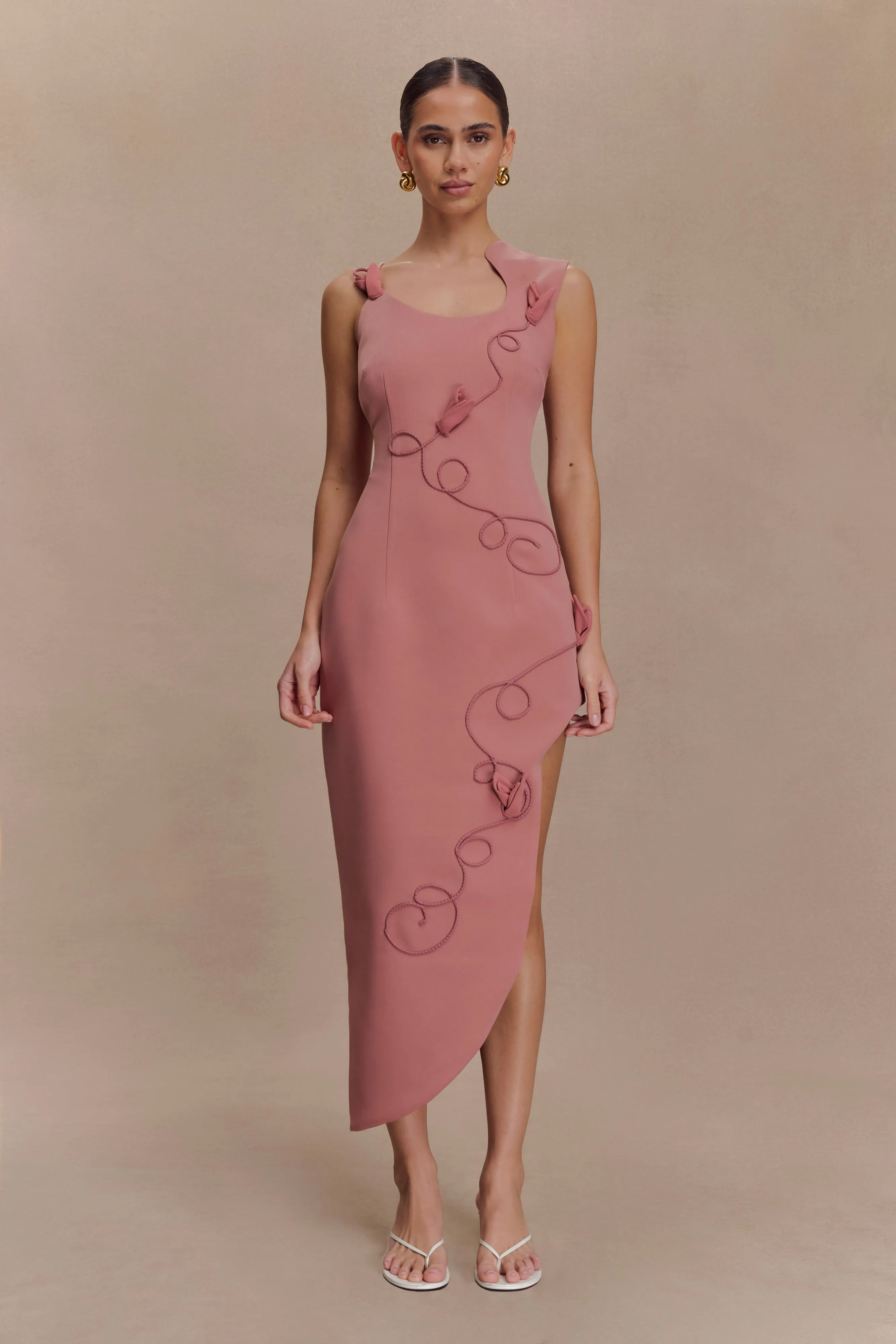 Virginia Suiting Embroidered Midi Dress - Burnt Rose Piped-Edge Soft Tones