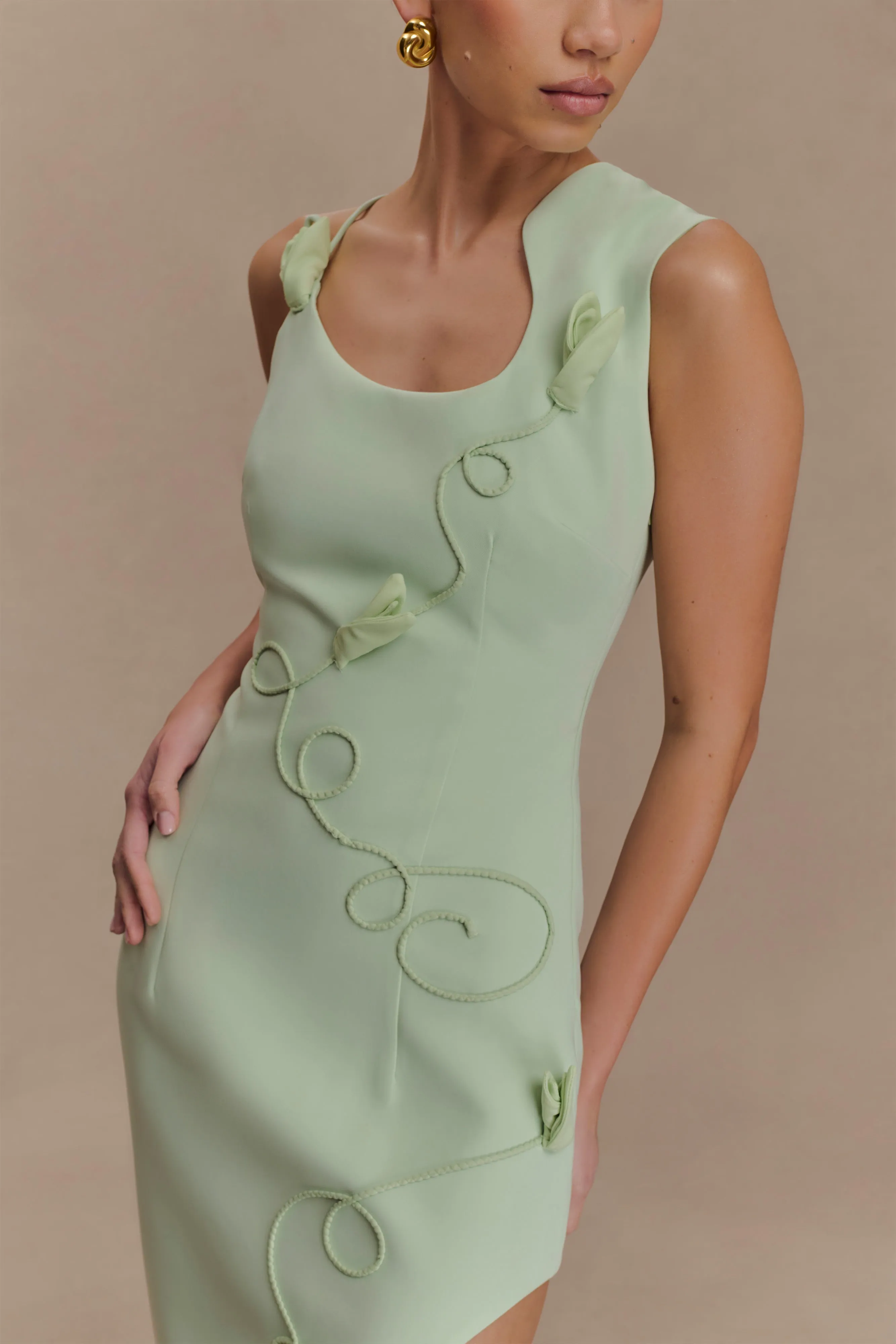 Rose Soft Urban Edge Virginia Suiting Embroidered Midi Dress - Sage